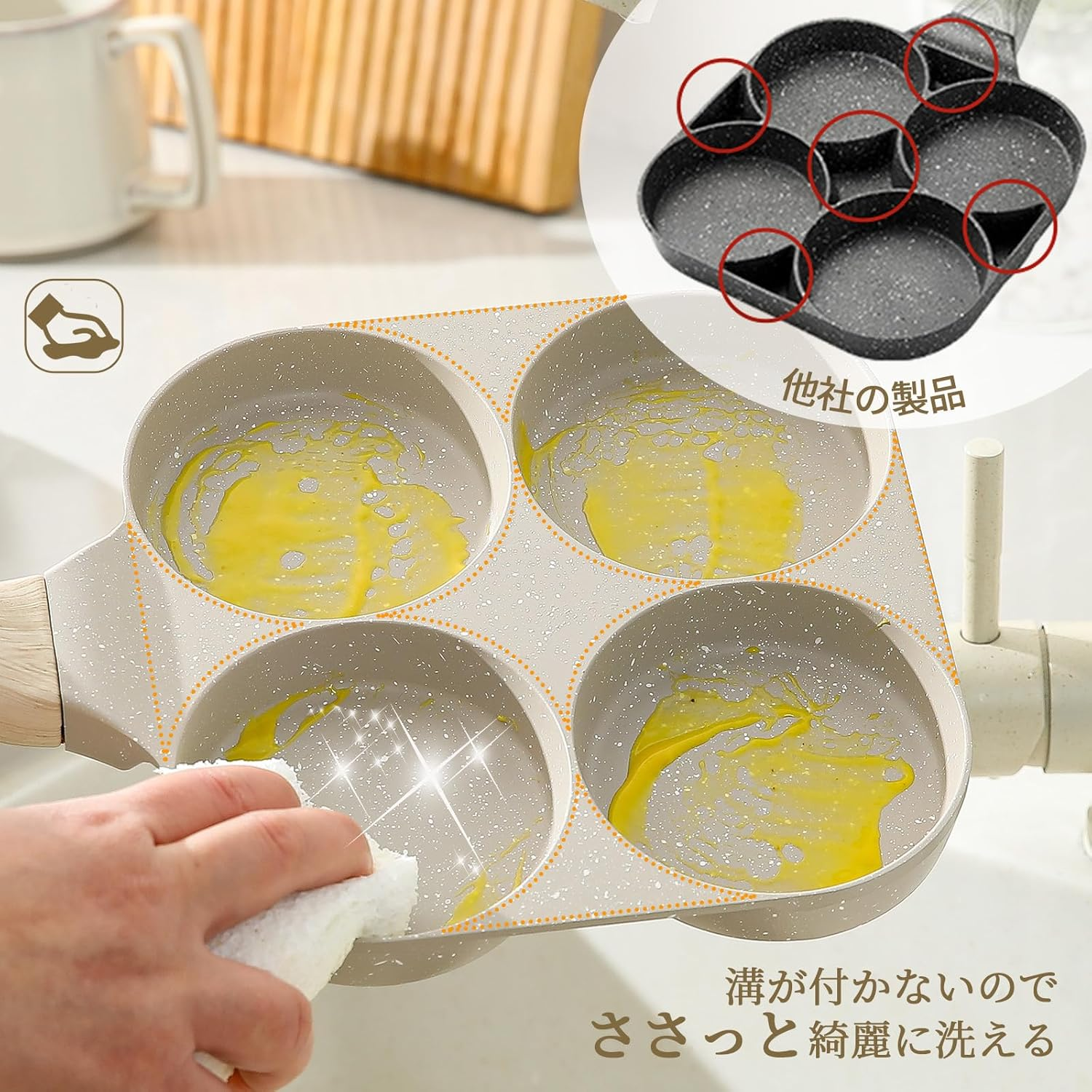 Carote Fried Egg Fry Pan, Partitions, Gas Fire, Induction Compatible, PFOA PFOS Free, 4 Hole round Frying Pan, Multi-Pan, Breakfast Pan, Non-Stick, Easy to Clean, Large Grill, Bento Box, Imagawa-Yaki,