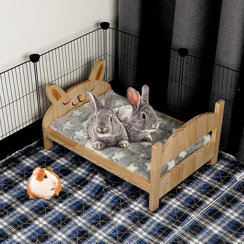 Large Wooden Rabbit Bed with Soft Mat, 2 in 1 Folding Pet Bed for Rabbit Guinea Pig Hamster Ferret Chinchilla Kitten Puppy Sleeping, Detachable Small Animal Bed image number 4