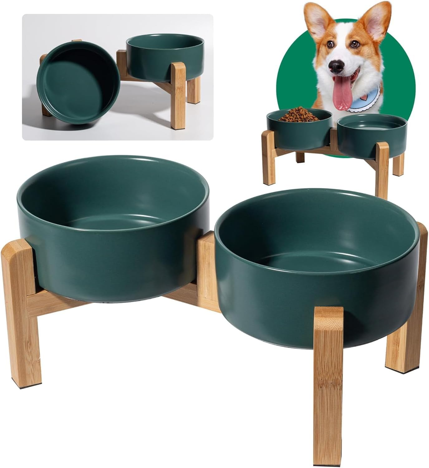 Elevated Ceramic Dog Bowl Set - PRENDIEEN Raised Dog Bowls with Non-Slip Bamboo Stand - Dog Food and Water Bowl- Double Dog Feeding Bowls - Suitable for Small and Medium Dogs - 28 OZ - 850 ML (Green) image number 5