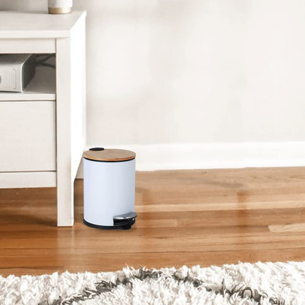 Trash Can with Bamboo Lid, 3L Pedal Bin, Mini round Trash Bin with Removable Plastic Inner Wastebasket for Bathroom, Bedroom, Powder Room, Office, Desk, Car (White) - White image number 5