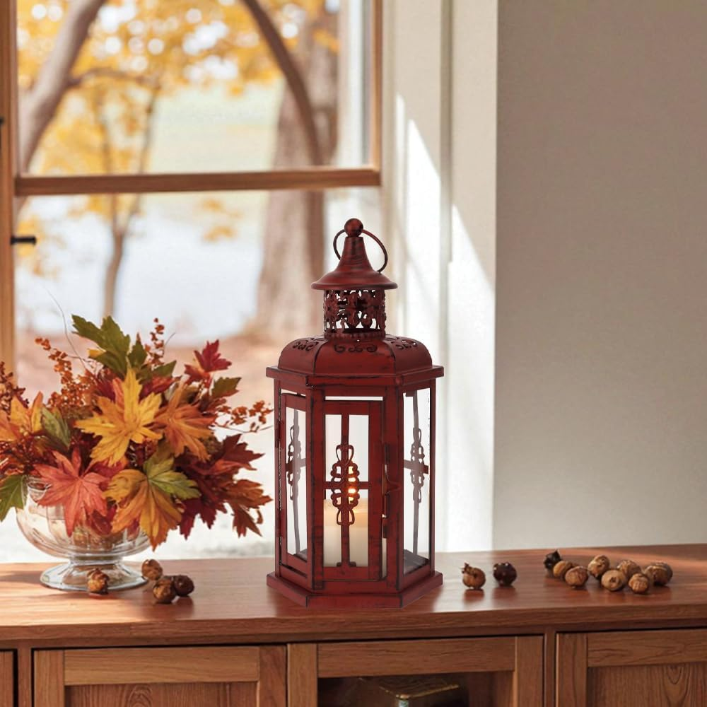 JHY DESIGN Decorative Candle Lantern 10&ldquo;H Vintage Hanging Lantern Metal Candleholder for Indoor Outdoor Events Parities and Weddings (Red with Black Brush) - 10&ldquo;H Red image number 5