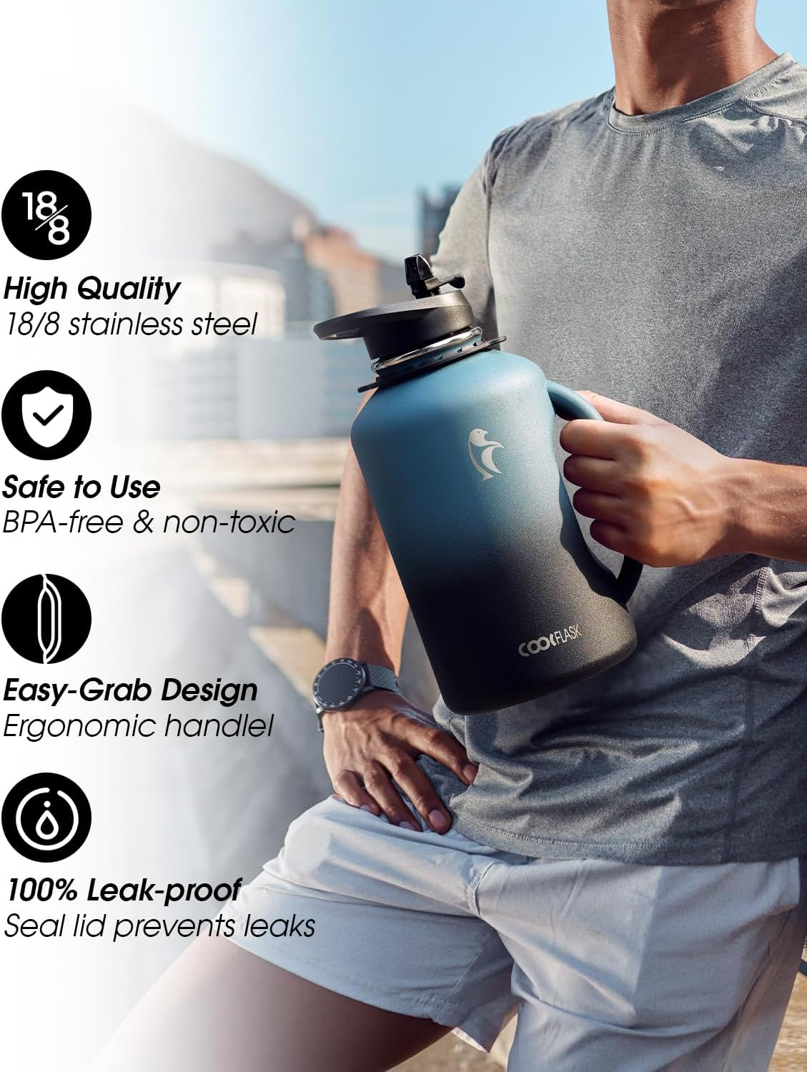 64 Oz Water Bottle Insulated with Handle, Coolflask Half Gallon Water Jug with Strap Straw Stainless Steel Double-Walled Vacuum Metal Large Flask Leakproof, Keep Cold 48 Hrs Hot 24Hrs, Prussian Blue - Magic Black image number 7