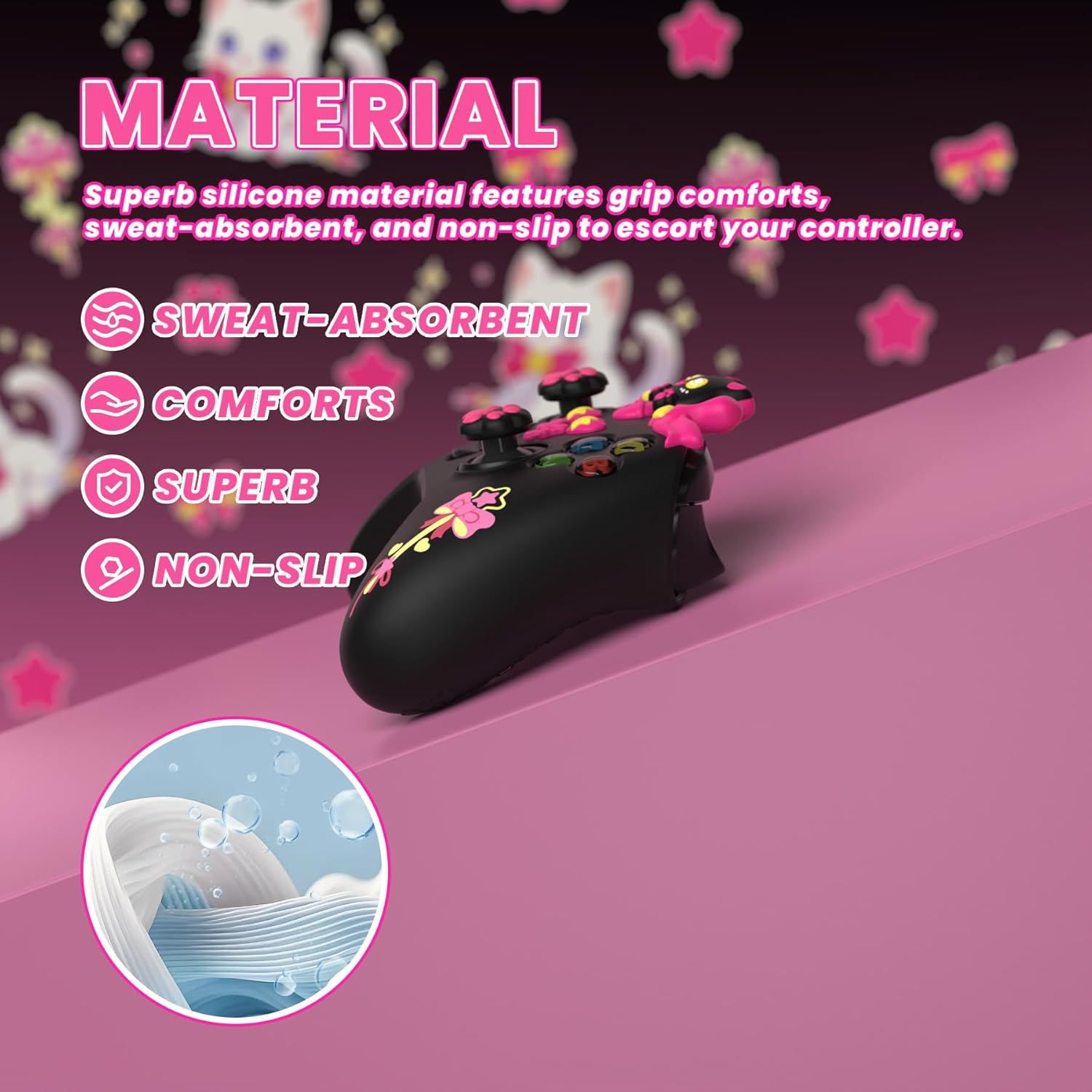 Playvital Sweetheart Kitty Silicone Cover Compatible with Xbox Series X/S Controller with Thumb Grips and Stickers, Soft Rubber Protector with Anti-Slip Grip for Xbox Core Controller - Black - Black image number 3