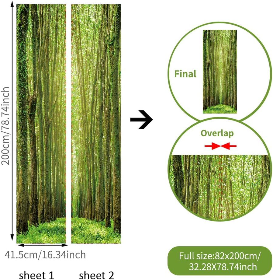 Nature Art Self Stick Vinyl Door Mural Sticker, Peel and Stick Removable Refrigerator Wrap Decal, Green Forest, 32.3X78.7, 2 Pcs Set