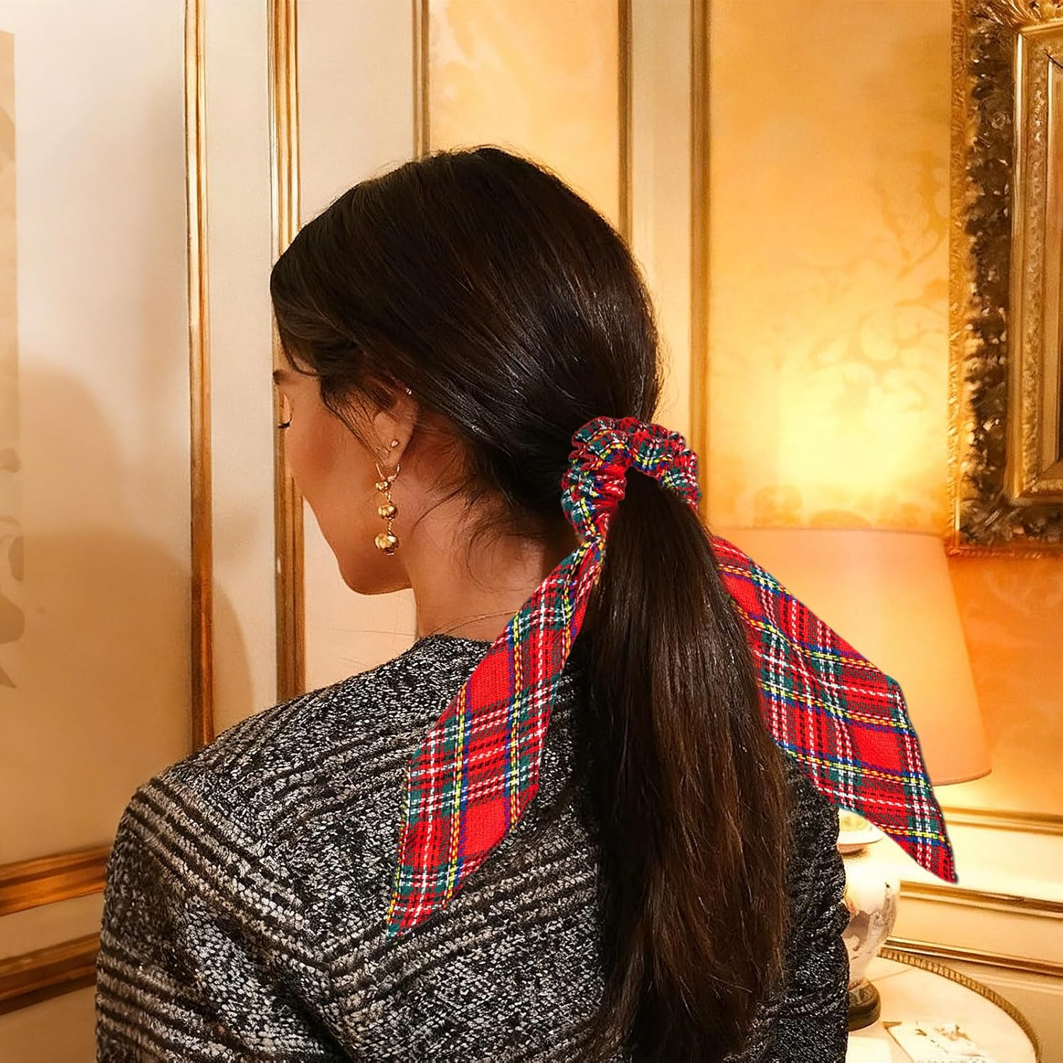 2 Pcs Tartan Hair Scrunchies Decorations - Burns Night Accessories,Elastic Scottish Red Plaid Hair Accessories for Women & Girls,Festive Hair Ties with Bow for Robert Burns Supper Occasions