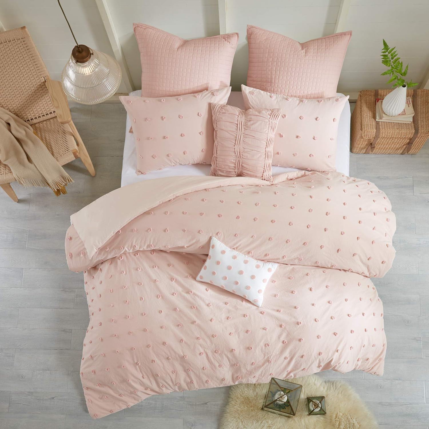 Urban Habitat Duvet Set 100% Cotton Jacquard, Tufts Accent, Shabby Chic All Season Cover for Comforter, Matching Shams, Decorative Pillows, Full/Queen (88 in X 92 In), Pink 7 Piece image number 4