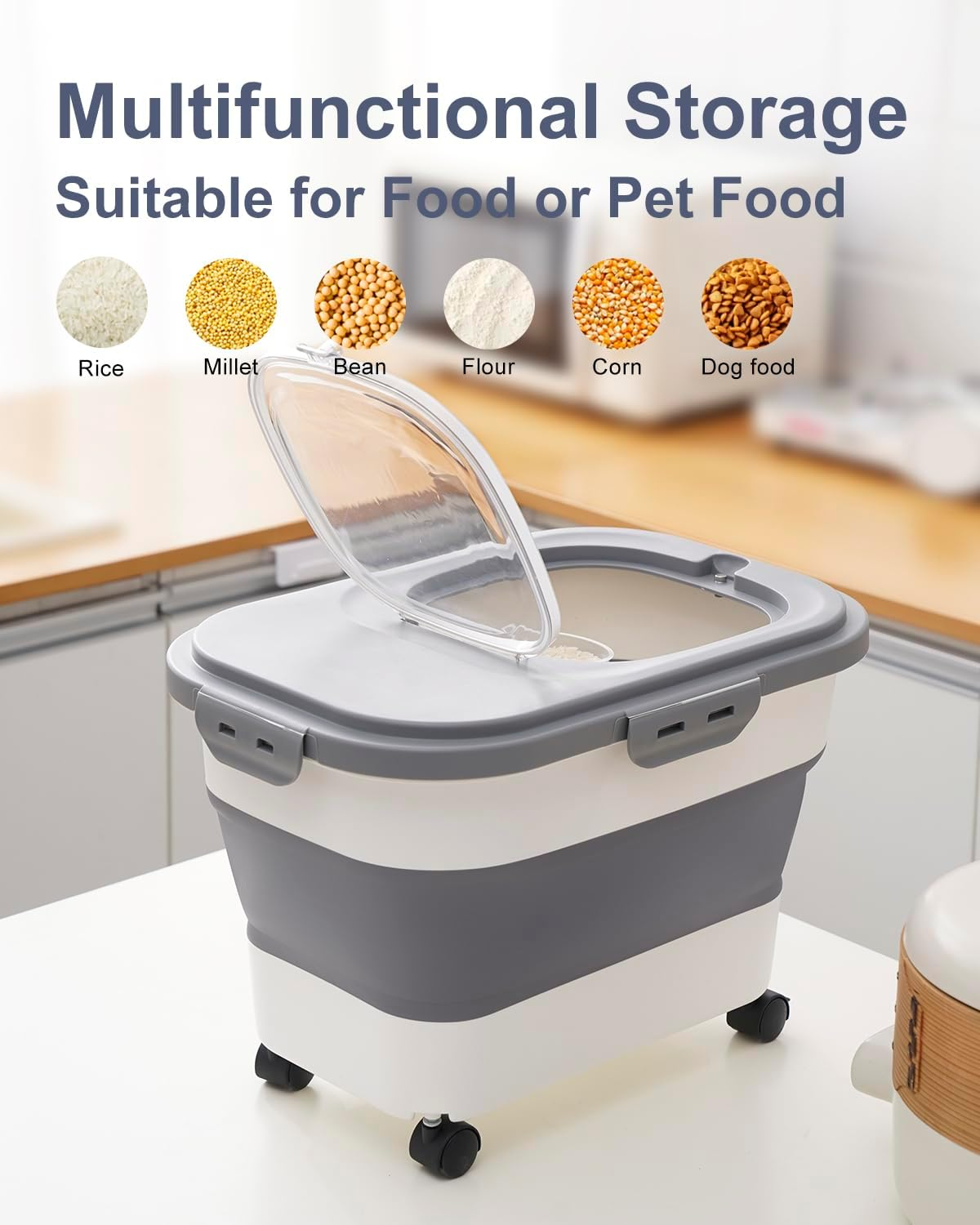 DDMOMMY 20-30 Lbs Rice Storage Container,Collapsible Food Storage Containers with Rolling Wheel Airtight Locking Lid,Flour Storage Container with Cup and Scoop,Suitable for Food,Rice,Pet Food,Flour image number 2