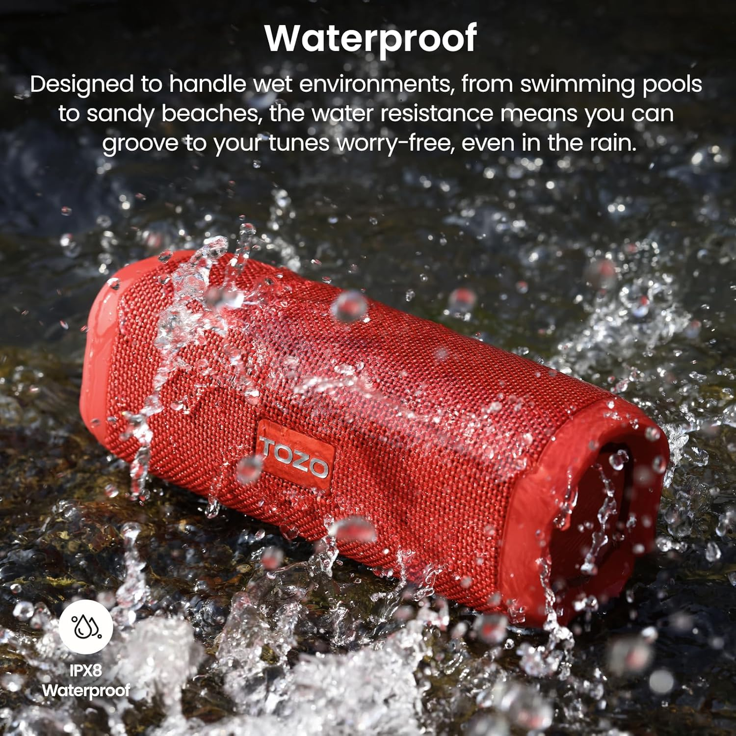 TOZO PA2 Bluetooth Speaker with Three EQ Modes, 25H Playback, Supported Calls, Waterproof Portable Wireless Speaker with Dual Dynamic Coil Drivers Stereo Sound Perfect for Home and Outdoors Red image number 6