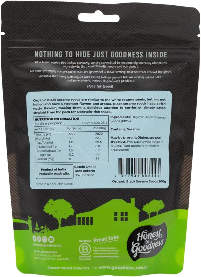 Honest to Goodness, Organic Black Sesame Seeds, 200 Grams - a More Robust Nutty Flavor and Aroma. Adding Depth and Complexity to a Variety of Dishes. a Pantry Staple. image number 1