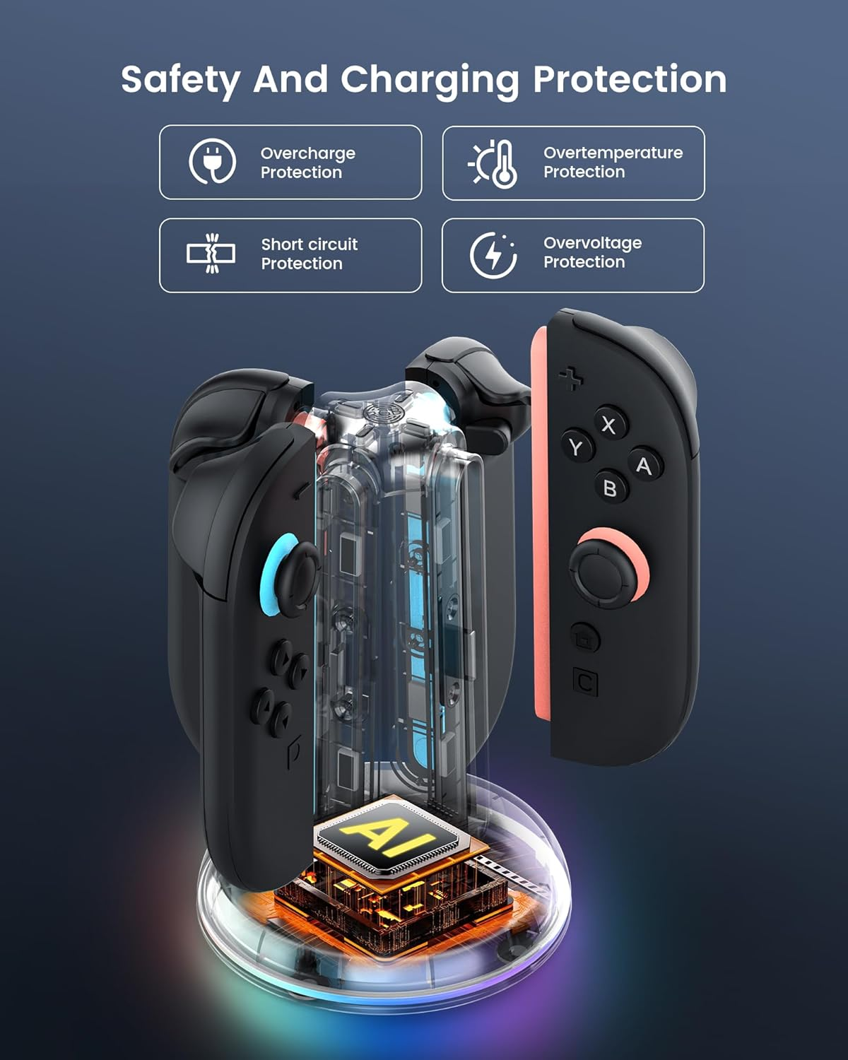 TRANSNOVO Charging Dock for Nintendo Switch 2 Joycon, 4-Slot Dual-Side Magnetic Fast Charger, 9 RGB Modes, Circuit Protection, Heat Dissipation, Switch 2 Accessories for Multiplayer Gaming