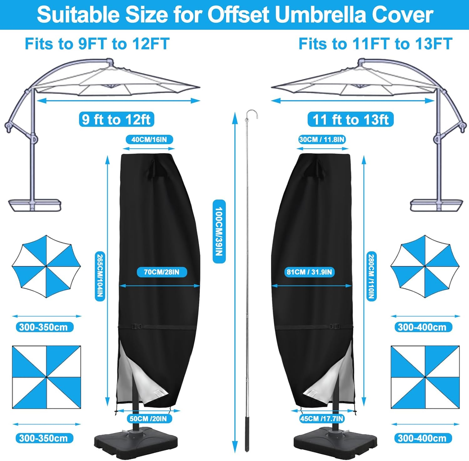 Offset Patio Umbrella Cover,420D Waterproof Umbrella Outdoor Patio Cover,Fits Cantilever Offset Umbrella 11FT to 13Ft,Cantilever Umbrella Cover with Top Vent,Dust,Anti-Uv,Hem Drawstring Design image number 1