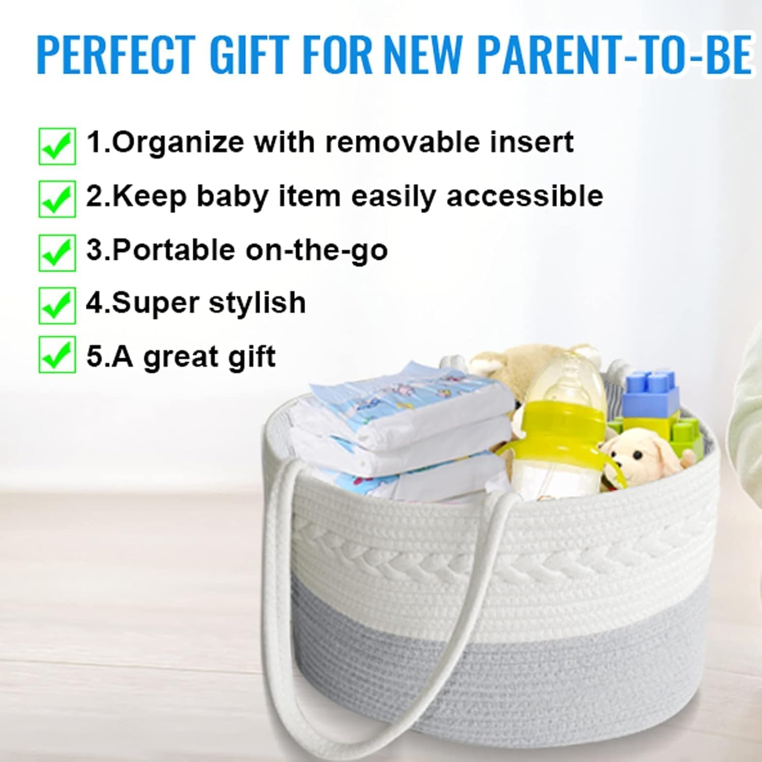 Mother and Baby Product Storage Basket, Portable Compartment Storage Basket, Bohemian Cotton Rope Storage Basket, with Removable Inserts, Nappy Organiser (White Pink) image number 2