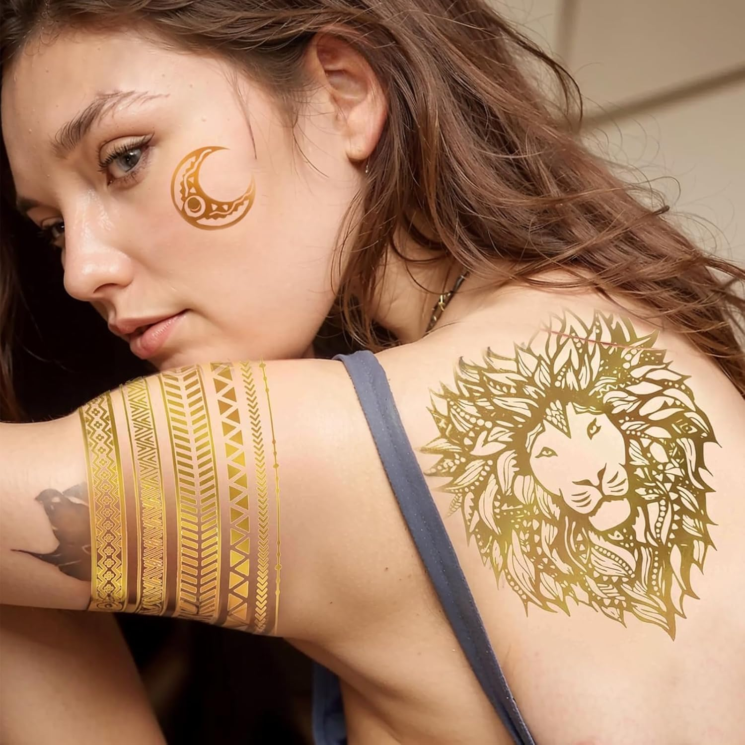 9 Sheets Gold Temporary Tattoos Flash for Women, Metallic Festival Tattoos, Body Art Sticker, Waterproof Armbands Tattoo, Moon Star Butterfly Glitter Tattoos Fake That Look Real and Last Long image number 2