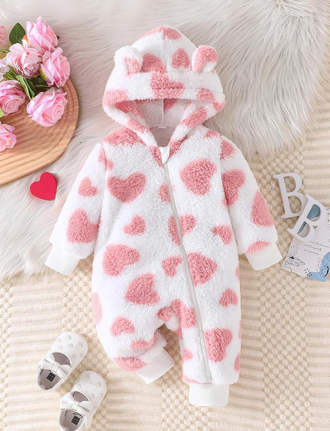 SEAUR Newborn Baby Girl Snowsuit Winter Hooded Fleece Jumpsuit Infant Bear Ear Snow Suit Zip up Romper Warm Outwear Outfits image number 5