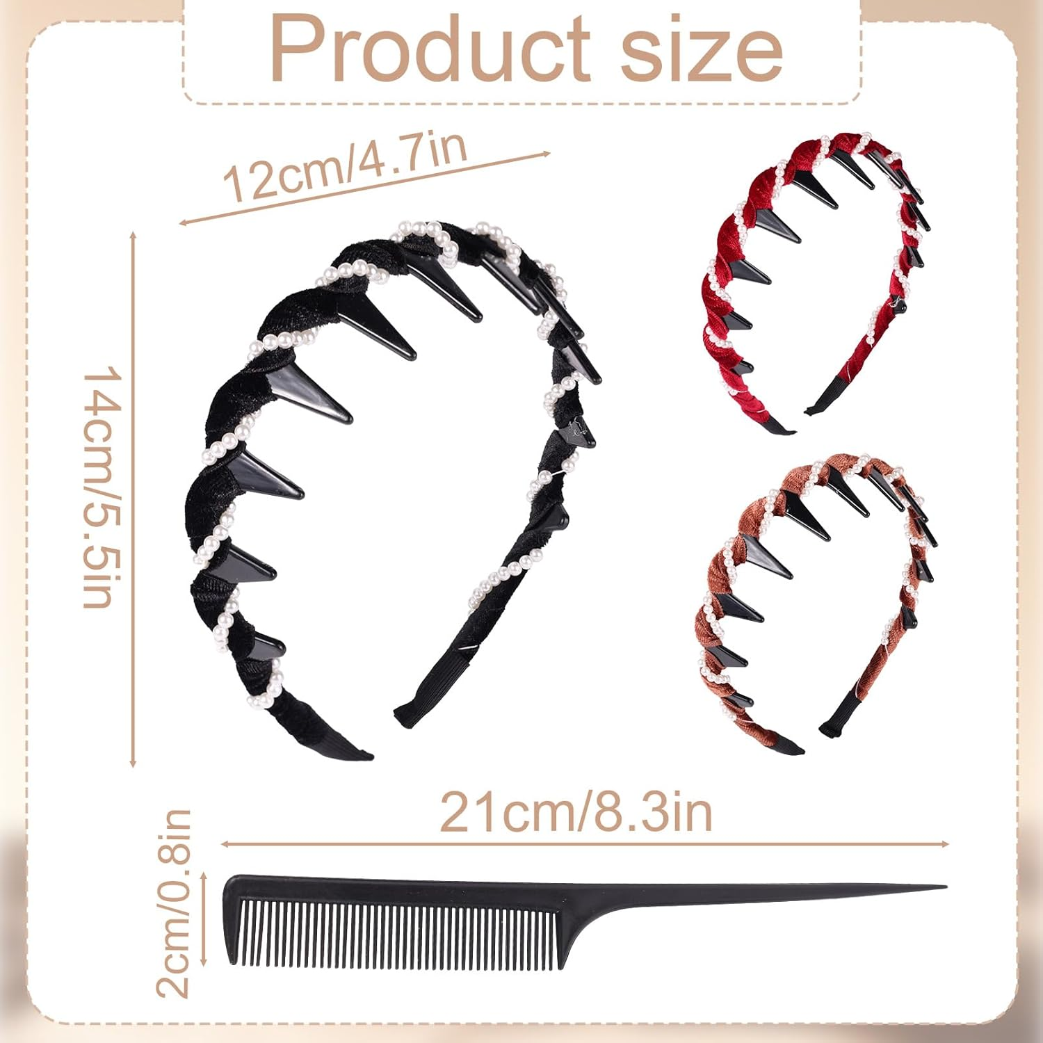 Sinbana 3Pcs Vintage High Cranium Pearl Headbands, with Comb Non-Slip Crown Wave Hairband Hair Accessories for Weddings Parties & Daily Wear (Brown, Red, Black) image number 6