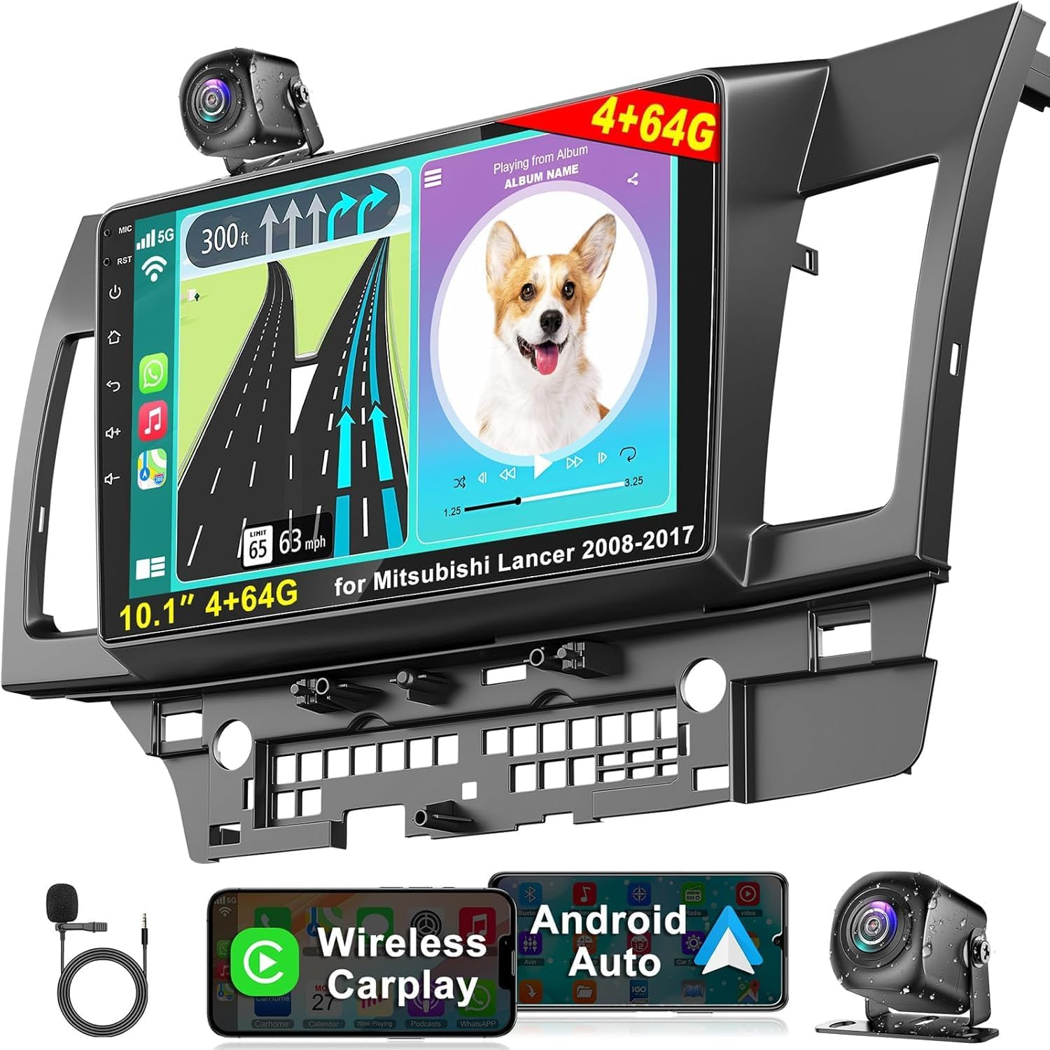 【4G RAM 64G ROM】 Car Radio for Mitsubishi Lancer 2008-2017, Android 10.1 Inch 5G Wifi Lancer Stereo with Wireless Carplay/Android Auto, Support Gps/Bluetooth5.2/1080P HD Backup Camera/Swc/Fm Radio image number 1