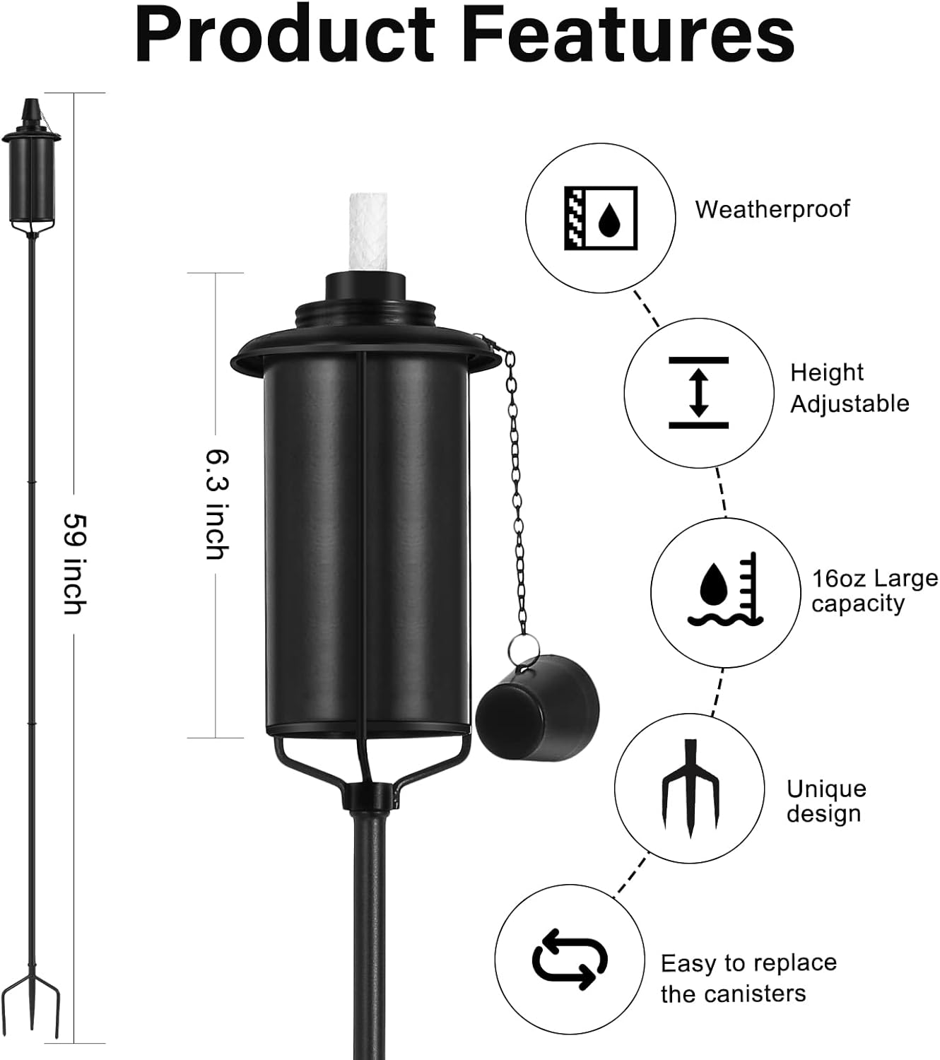 6 Pack Garden Torches, 16 Oz Metal Torch for outside with 3-Prong Grounded Stake, Outdoor Decorative Citronella Torches, 59 Inch Garden D&eacute;cor Torches