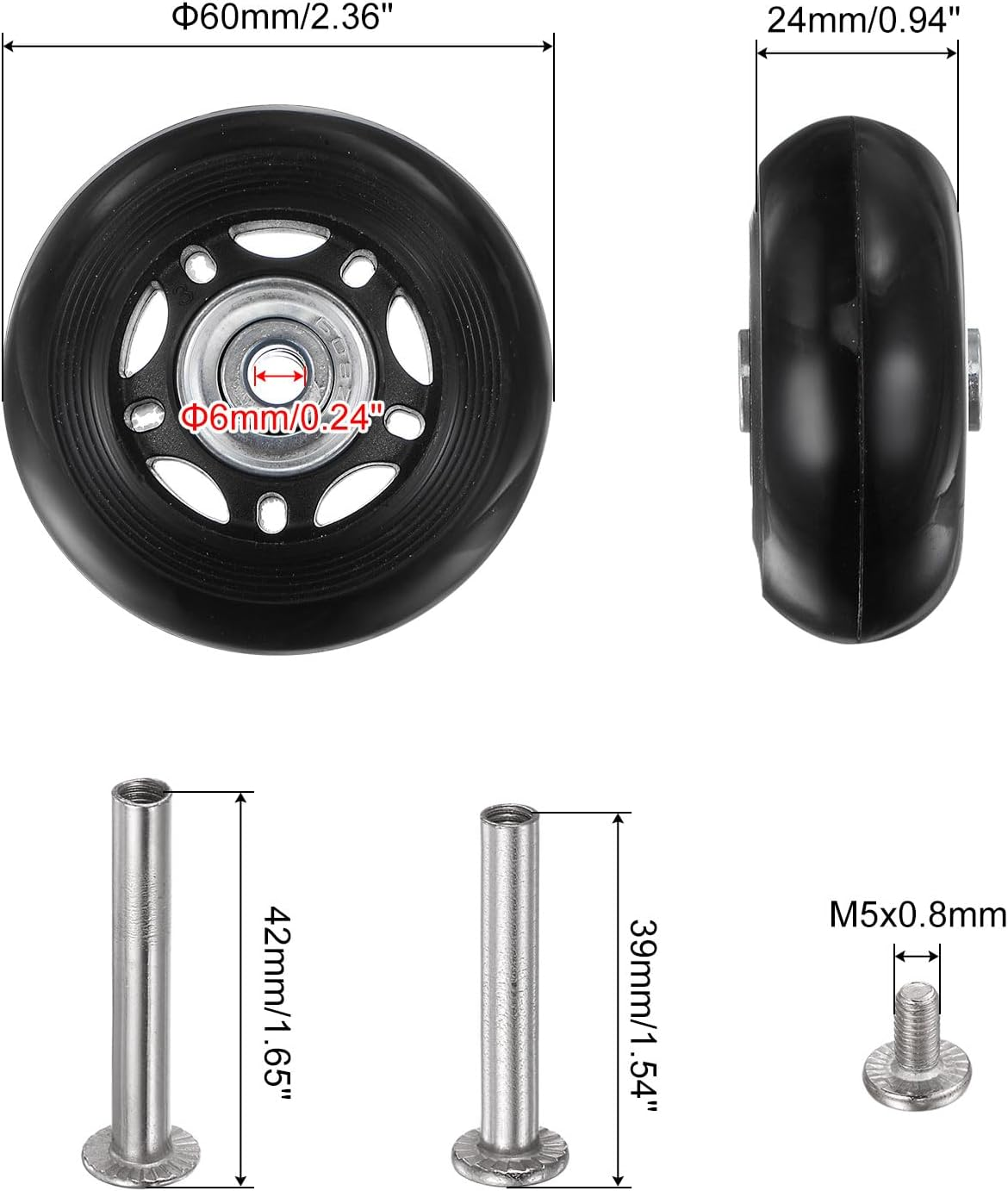 Uxcell Replacement Luggage Wheels 60X24Mm Suitcase Wheel Repair Kits Include 2 PU Bearing Wheels & Washers, Wrenches & Axle Screw for Trolley Bag, Inline Skate and Caster Board image number 4