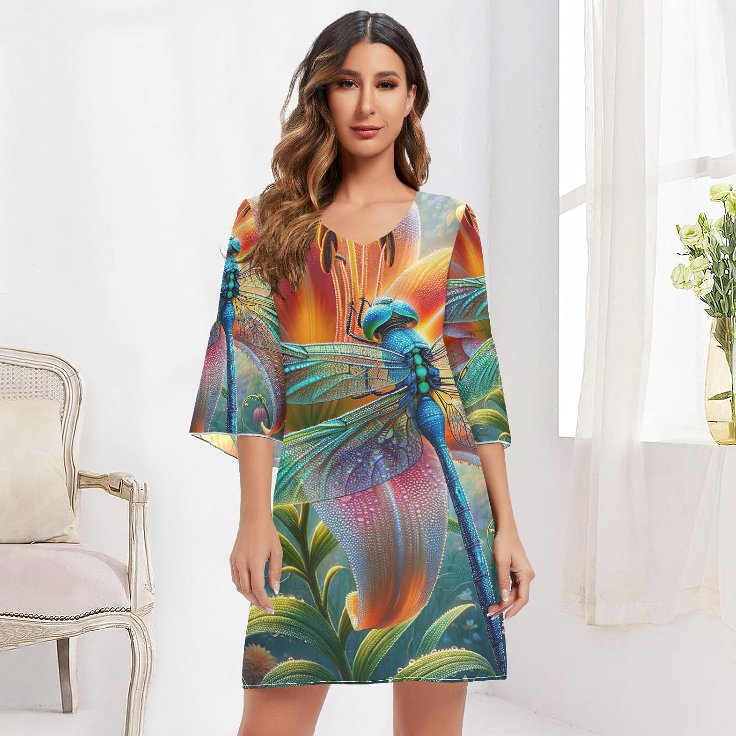 Beautiful Dragonfly Flowers Casual V Neck Dress 3/4 Sleeve Maternity Dress Party S-XXL image number 3