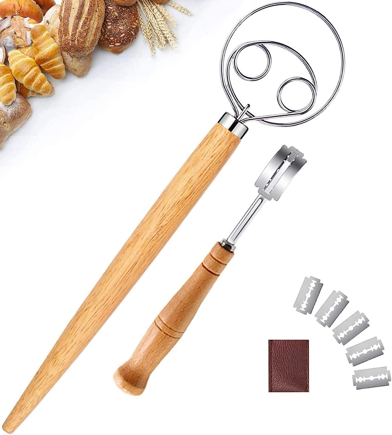 MIZOXY Danish Dough Whisk and Bread Lame Set - Stainless Steel Bread Flour Mixer with Bread Scoring Tool - Includes 5 Razor Sharp Blades and Leather Cover - Ideal for Baking Bread, Cake, and Pastry
