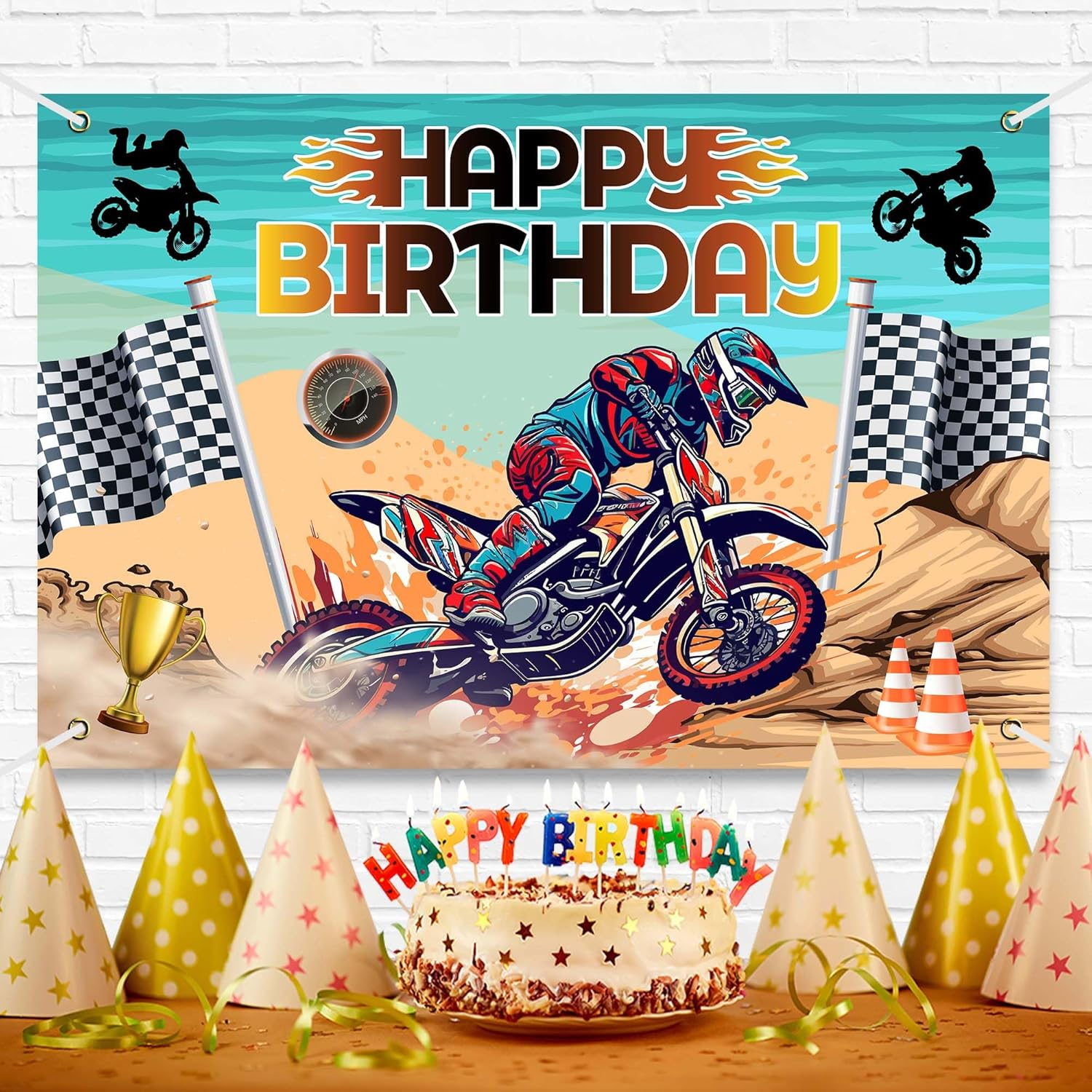 Dirt Bike Happy Birthday Party Banner Backdrop Motocross Racing Competition Checkered Extreme Sports Theme Decor for Riders Boys Girls Birthday Party Favors Decorations Supplies 70.8X47.2In-Beckten image number 1