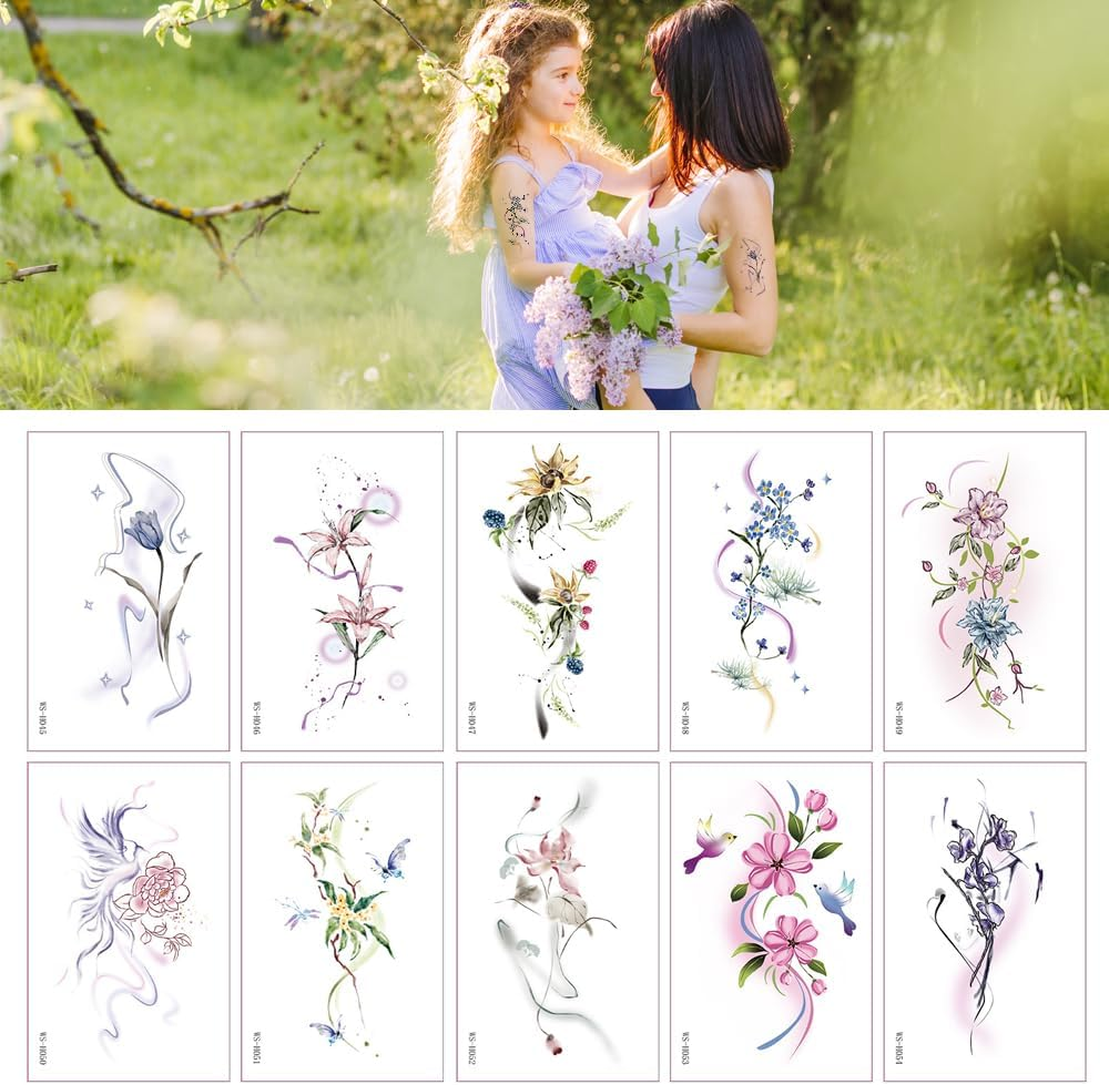 10 Sheets Temporary Flower Tattoos Waterproof Abstract Flowers Birds Butterflies Animal Face Tattoos Gems Face Tattoos for Women Girls Kids Parties image number 3