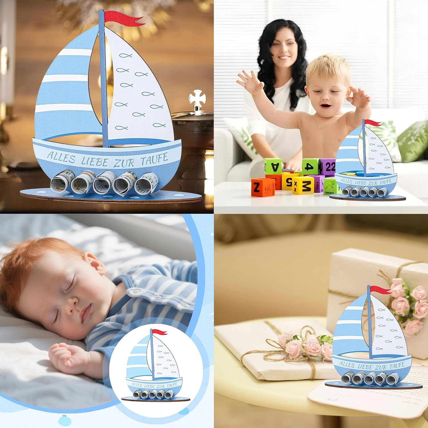 Christening Gifts Boys, Wooden Boat Christening Gift, 19 X 16 Cm Money Gift with Base, Gift Godchild for Christening, Love for Christening, Birth Christening, Money Gift Packaging for Girls and Boys image number 4