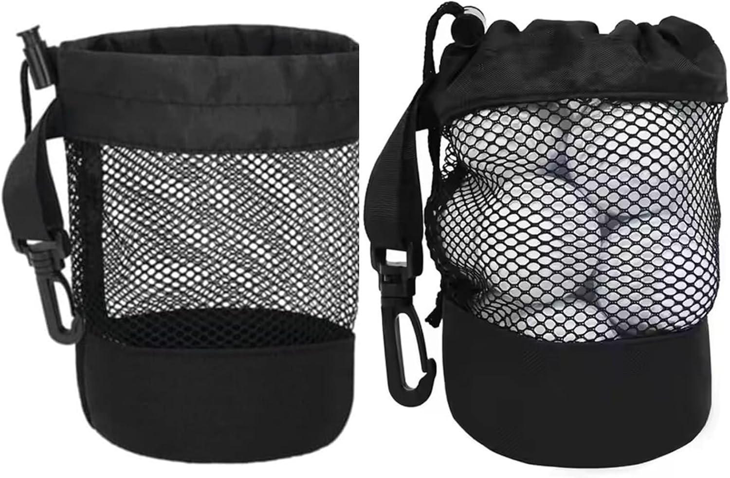 Yeanifeana 2-Pack Black Nylon Mesh Golf Ball Bags with Drawstring Closure & Hooks, Durable Golf Ball Storage Organizer Pouches (6.5X5.5 Inches) image number 3