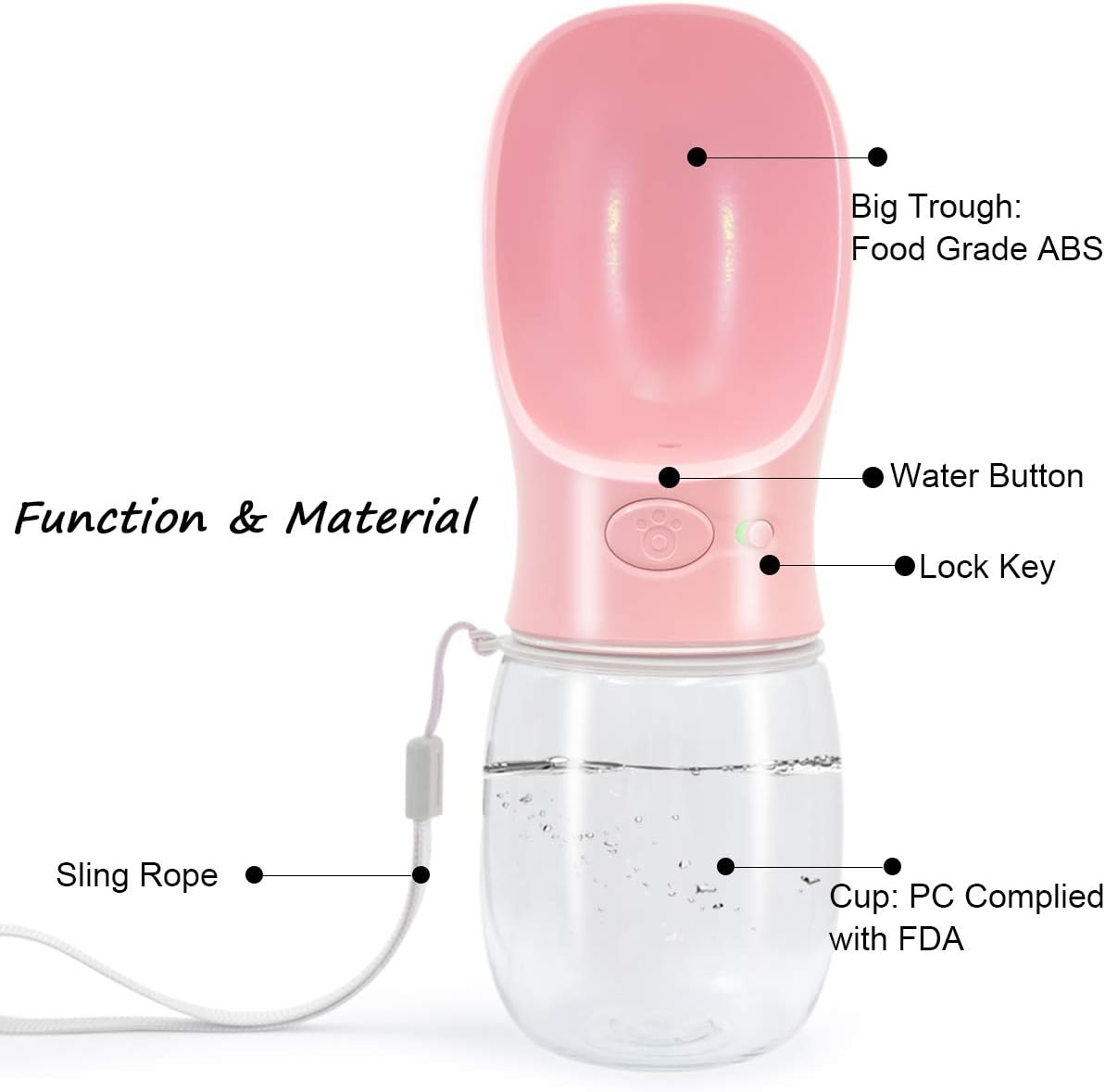 Portable Dog Water Bottle for Walking,2.76" Big Trough 12OZ Leak Proof Pet Water Bottle for Small Cat Puppy, Antibacterial Safe and Durable Non BPA Travel Dog Drinking Water Bottle for Hiking - Pink image number 2