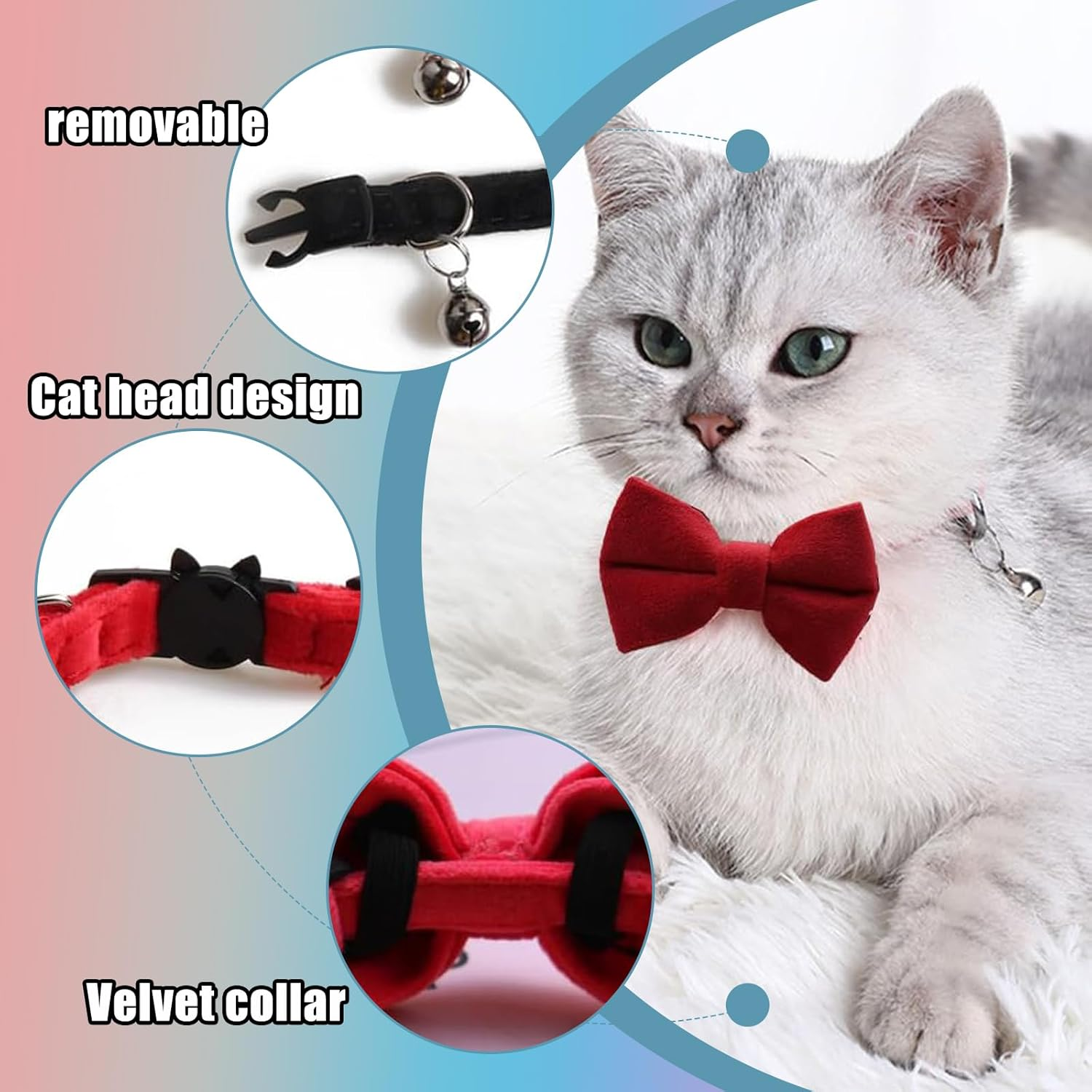 RTRTGS Pack of 2 Velvet Cat Collar with Bell and Bow Tie Adjustable for Small Puppies Safety Bow Tie Plain for Weddings Basic Colour Cat Bow Tie image number 6