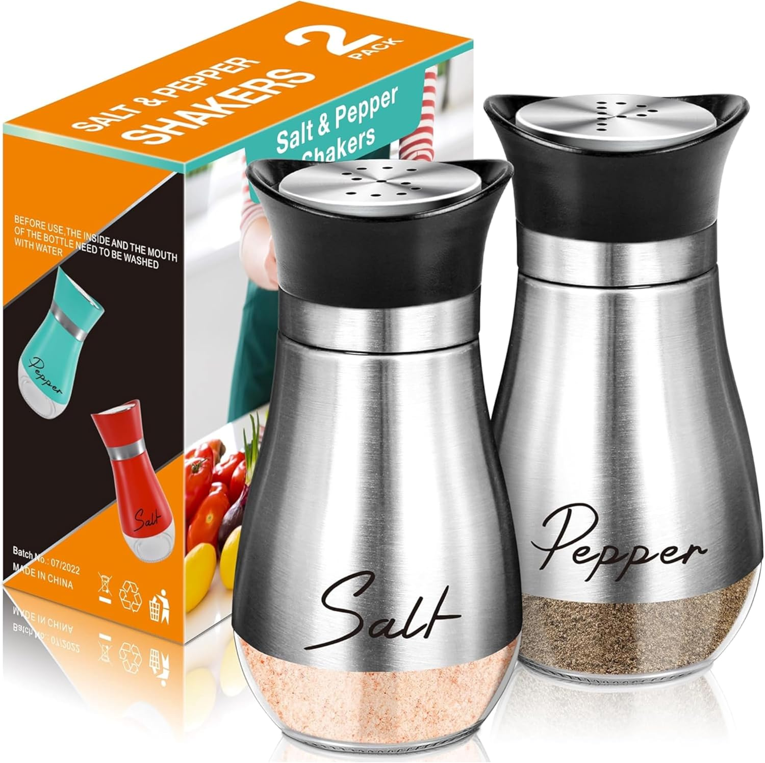 Salt and Pepper Shakers Set,2 PCS Premium Stainless Steel Salt and Pepper Shakers Set image number 5