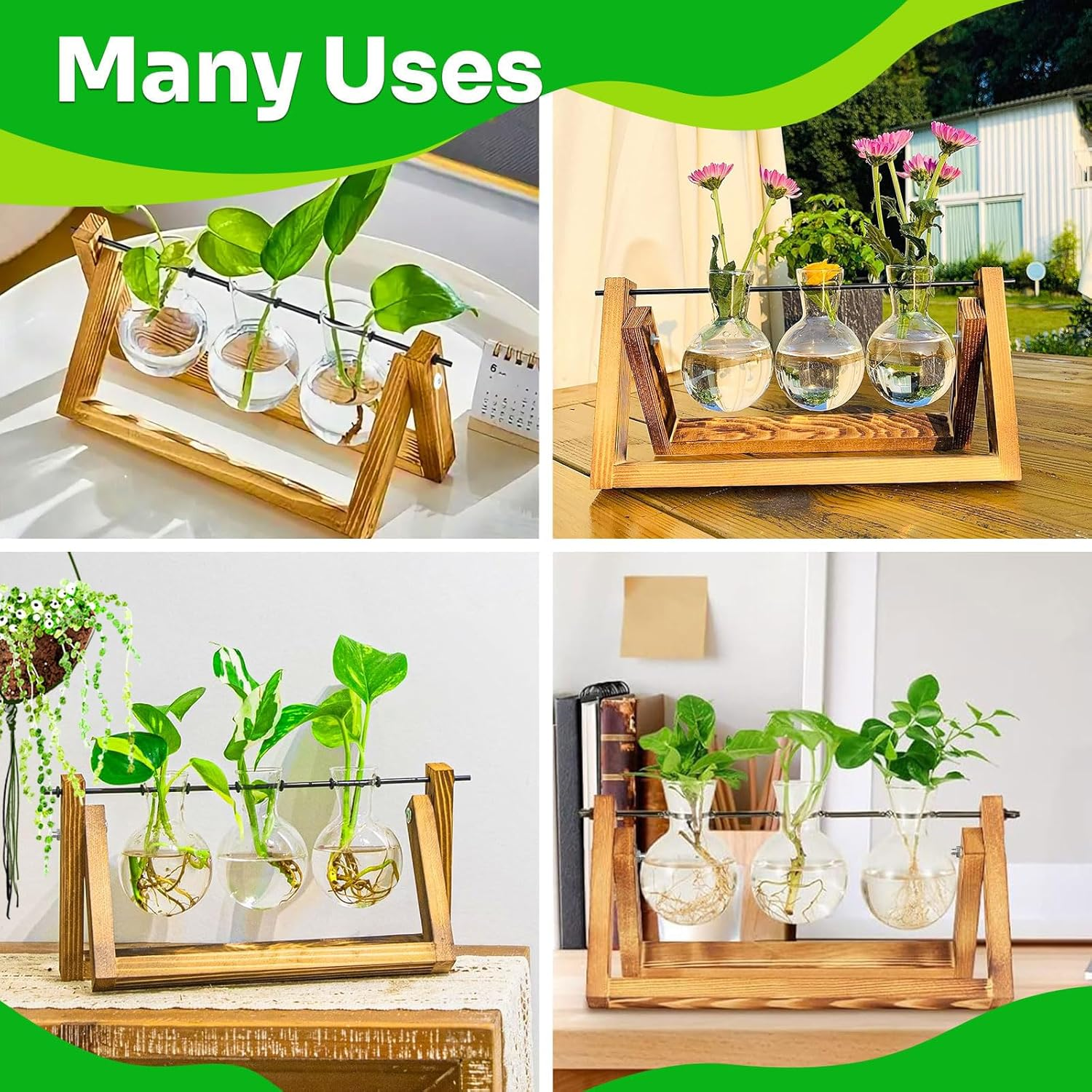 Propagation Station Plant Terrarium with Wooden Stand, Desktop Propagation Stations Glass Hydroponics Terrarium Planter Holder for Gardening Office Home Decor(3 Bulbs Vase)