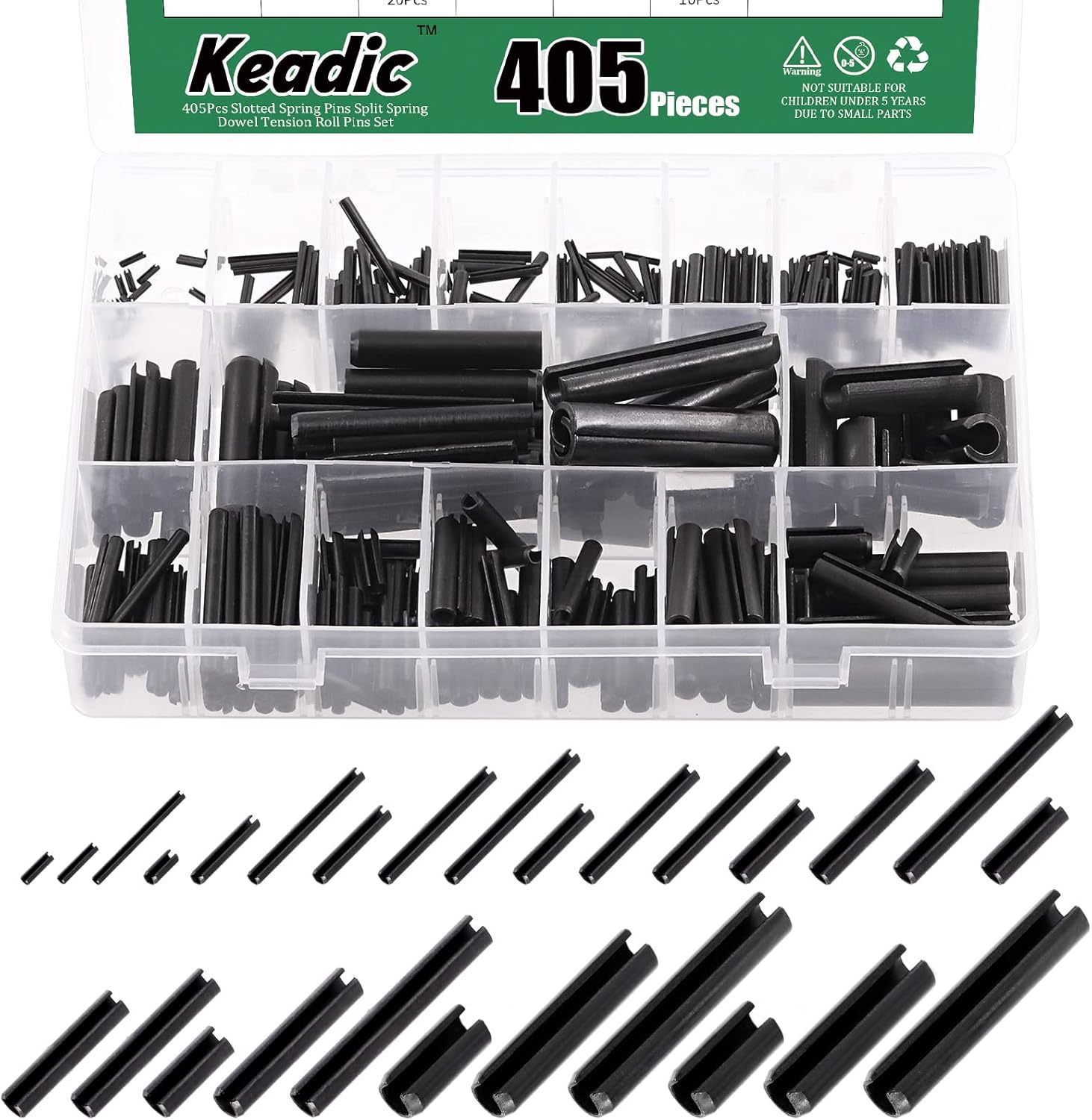 Keadic 405Pcs 27 Sizes Black Slotted Roll Pin Assortment Set, M1.5 M2 M2.5 M3 M4 M5 M6 M8 M10 Metric Split Spring Dowel Tension Roll Pins with Storage Case for Auto Repair Home Improvement image number 6