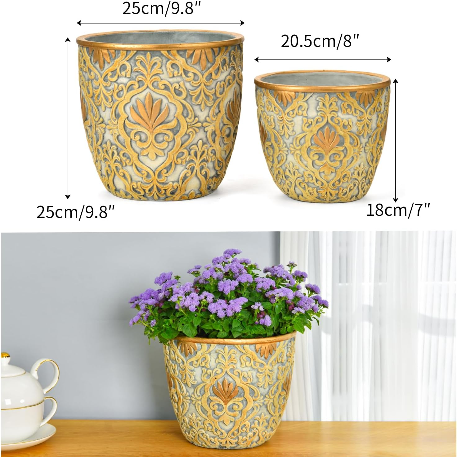 Sungmor Large Heavy Duty Cement Planters, Beautiful Embossed Concrete Garden Pots, 8" & 10" Set of 2 Plant Pots with Drainage Hole, Home Garden Decorative Flower Pots for Indoor Outdoor Plants Floral image number 4