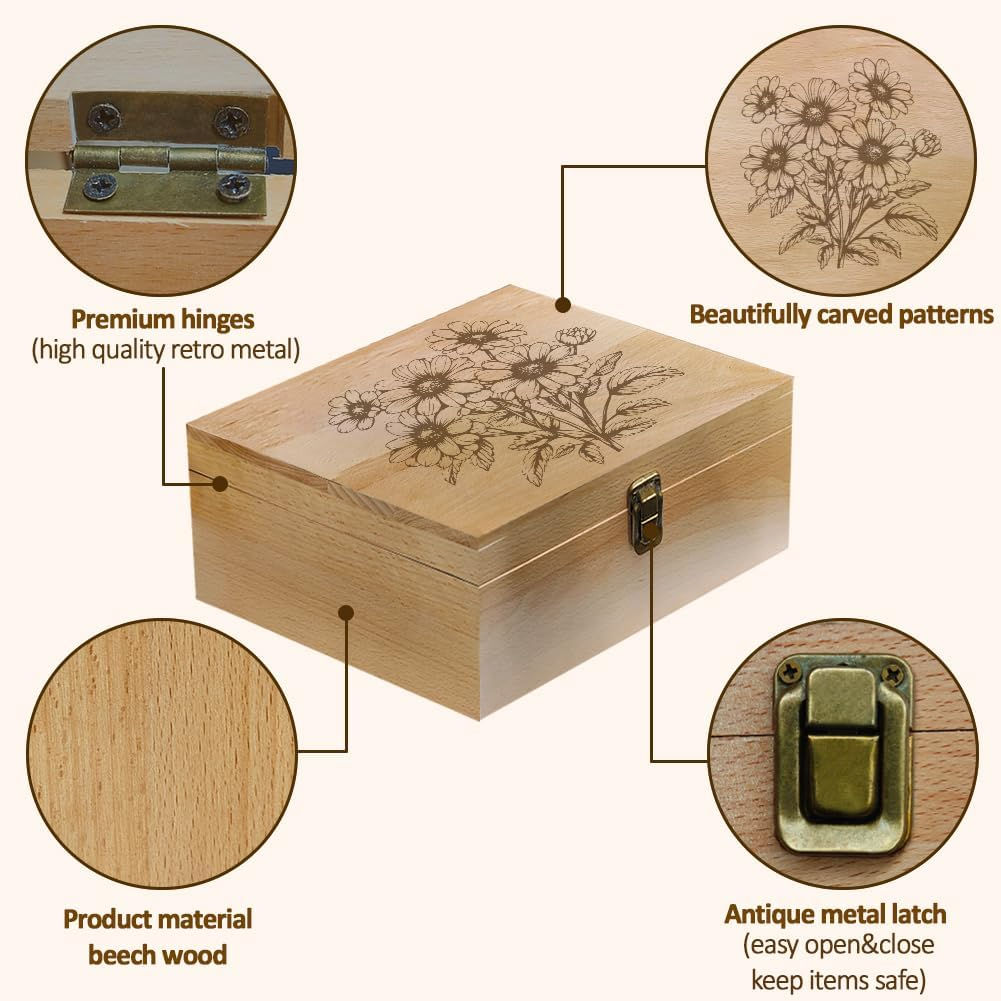 Arricraft 1 Pc Wooden Memory Keepsake Box, Daisy Cluster Sketch Pattern Storage Decorative Memory Wooden Box with Hinge Lids for Photos Dvds Letters Holding 24.5X19.5X10.3Cm image number 3