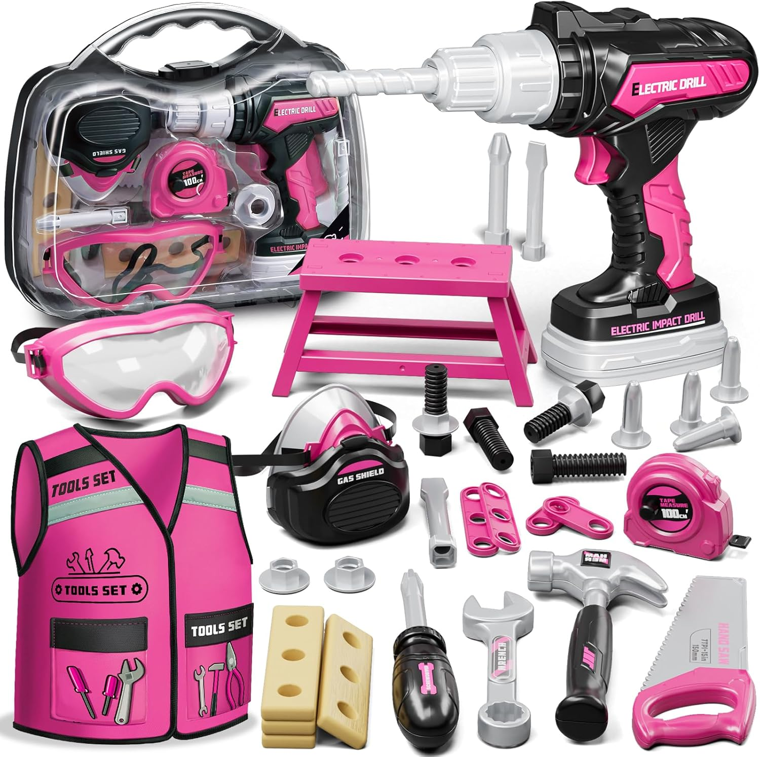 Kidbloom Kids Tool Set, Pretend Play Tool Box with Toy Drill, Construction Toys with Vest, Girls Toys Gift for 3 4 5 image number 5