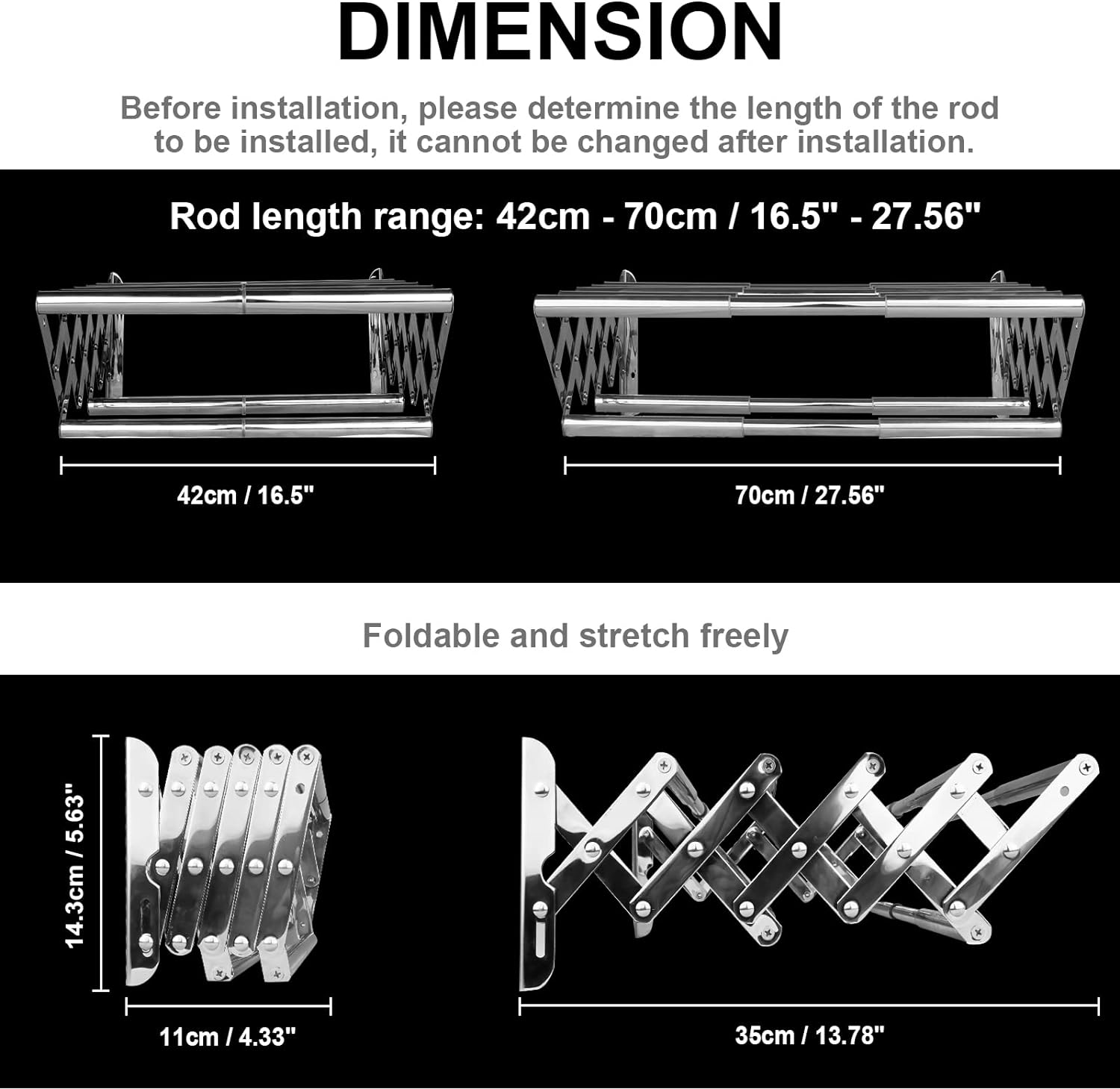 Extendable Wall Mounted Clothes Drying Racks Stainless Steel Airer Dryer Towel Rails Balcony Airer Clothes Dryer 42-70 Cm Width Chrome image number 3