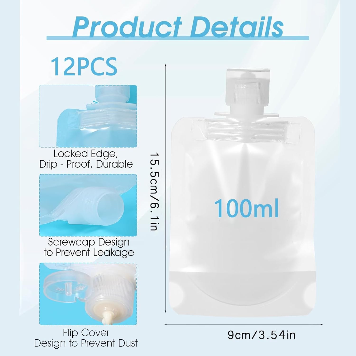 Travel Pouch for Toiletries,12 PCS Refillable Travel Toiletries Pouches,Clear Leakproof Toiletry Bags with Write-On Labels, Portable Travel Bottles for Liquids Makeup,Shampoo,Conditioner,Lotion(100Ml) image number 1