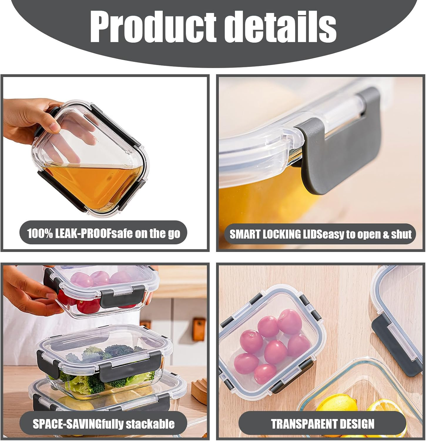 Glass Food Storage Containers,5 Pack Large Meal Prep Containers with Plastic Lids(1040Ml), Dishwasher, Microwave, Oven, & Freezer Safe,Glass Lunch Box for Kitchen Storage & Organisation image number 4