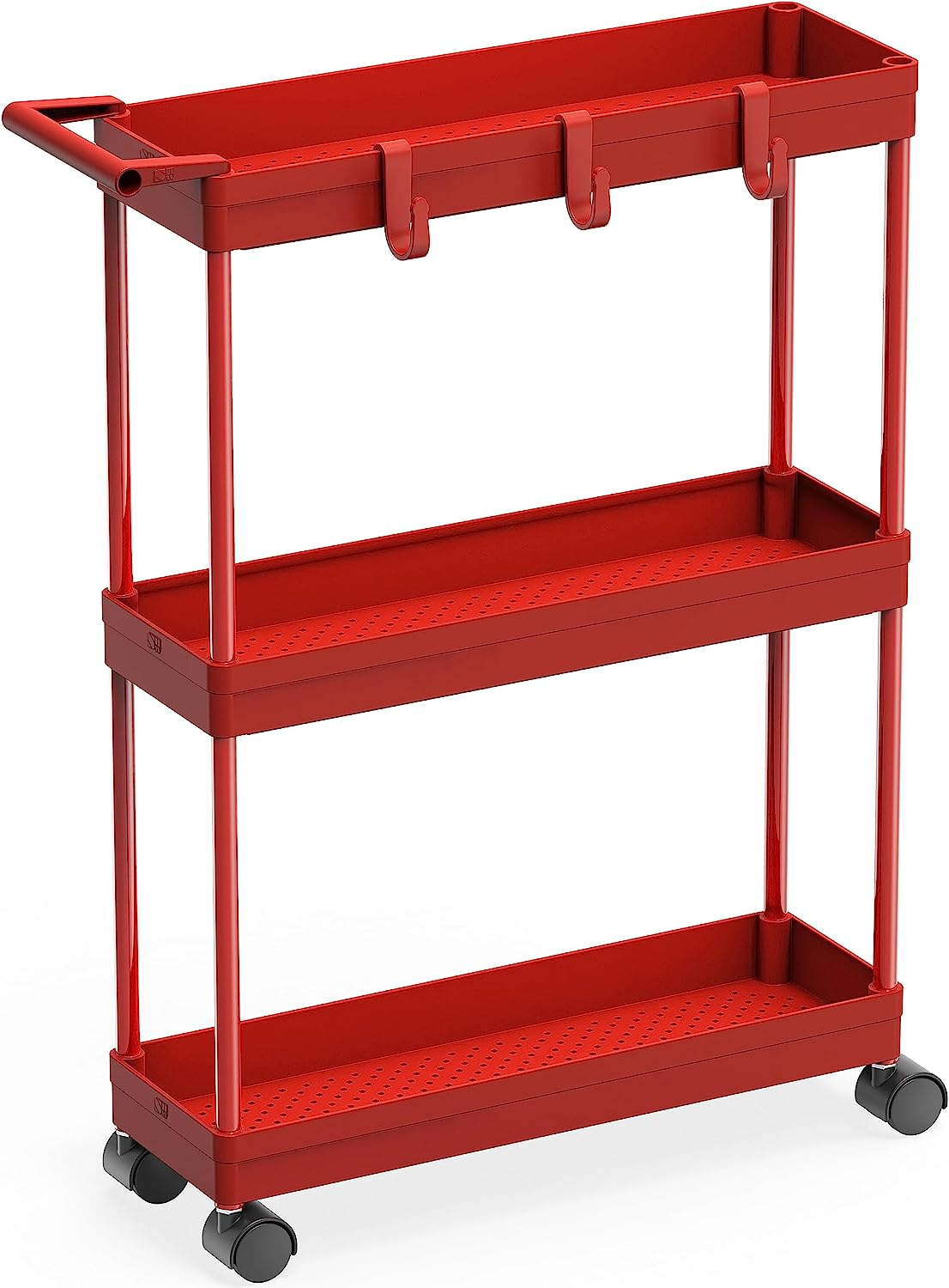 Simplehouseware 3-Tier Slim Rolling Cart with Handle and Hooks for Kitchen and Bathroom Trolley, Red