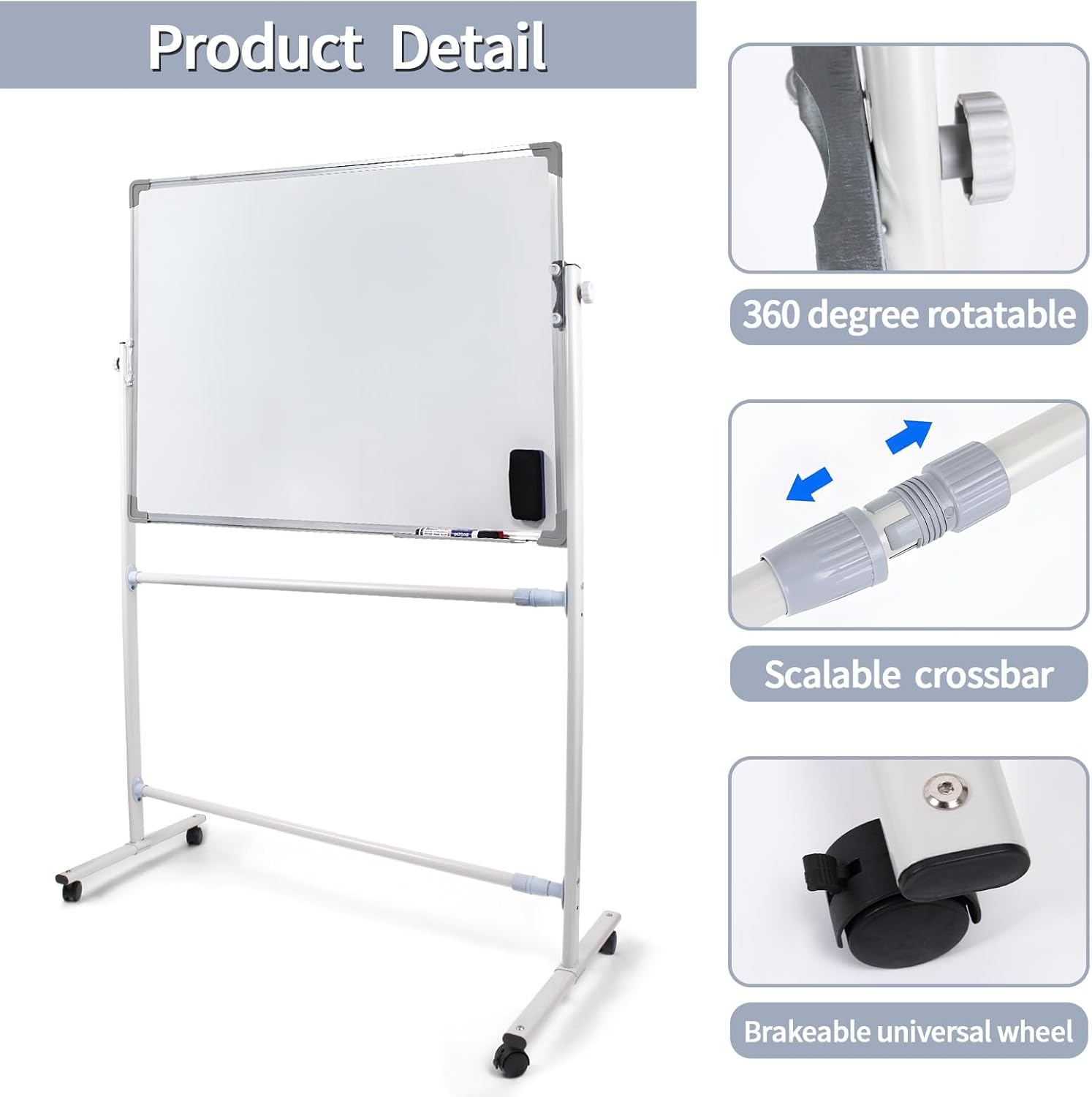 Rolling Whiteboard, 120X90Cm, Whiteboard with Stand Height Adjustable Rolling Whiteboard Mobile Magnetic White Board on Wheels Stand up White Board image number 1