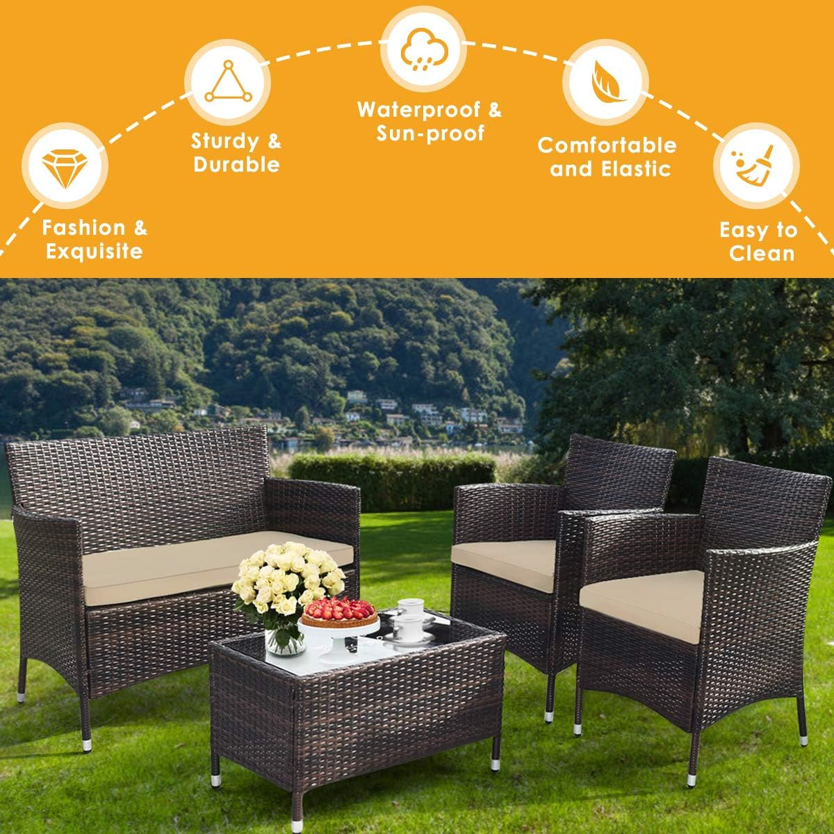 Costway 4 Pieces Outdoor Patio Furniture Set, PE Rattan Wicker Conversation Set with Tempered Glass Coffee Table and Cushions, Outdoor Sectional Sofa Set for Garden, Poolside and Backyard image number 6