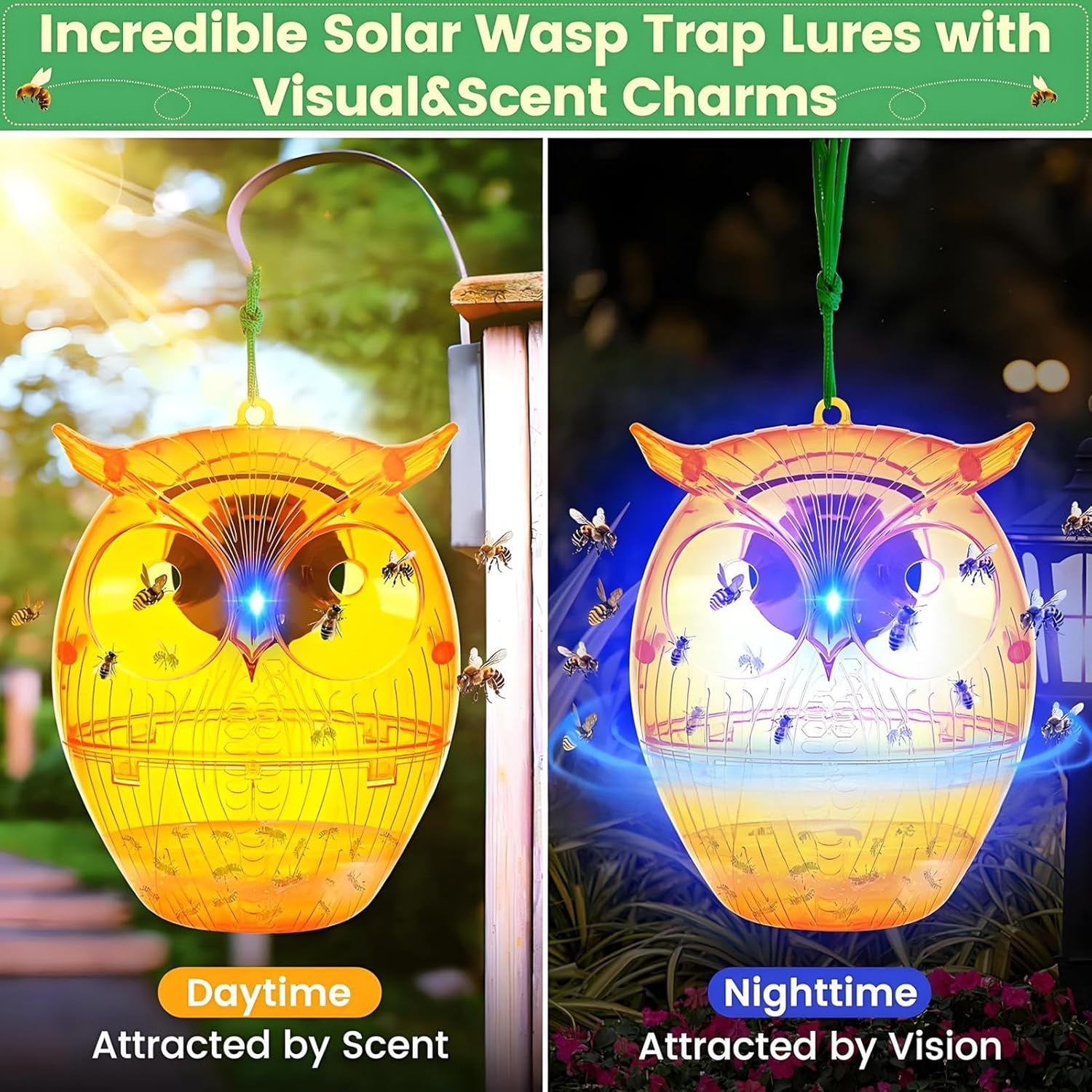 Uoqpty Wasp Catchers for Outside,Solar Owl Shape Carpenter Bee Trap with LED Light | Gardening Supplies for Camping Orchard Shed Picnic Fruit Trees Backyard Pool Area Nature Attic Porch image number 4