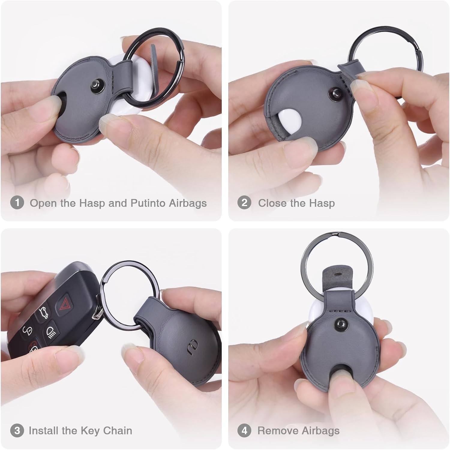 Nereides Leather Case for Airtag 2021, Protective Airtags Case Cover with Keychain Anti-Scratch Tracker Holder for Car Key/Pet/Cat/Dog (Grey) - Black image number 3