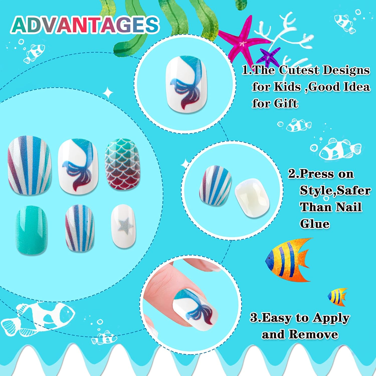 96 Pcs Kids False Nail Press on Nails Kids Full Cover Short False Nails Children Nail Tips Lovely Gift for Kids Little Girls Nail Art Decoration (Blue Theme) image number 1