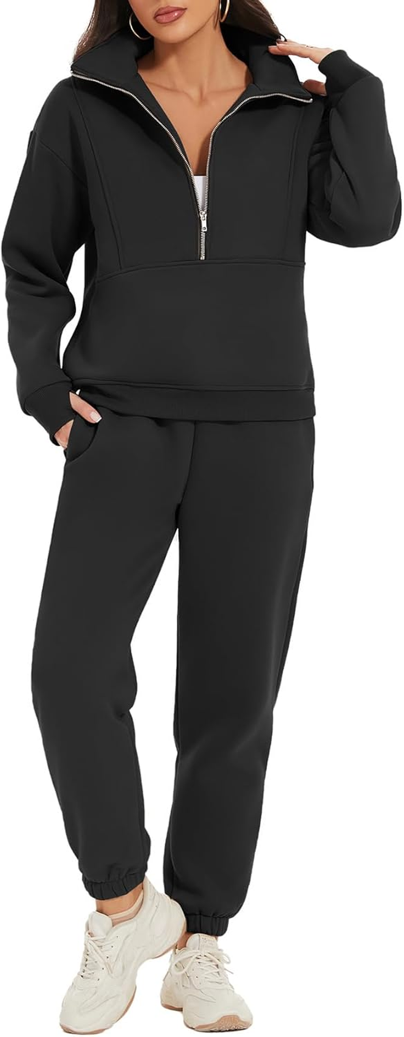 PEHMEA Women'S Fleece Two Piece Outfit Half Zip Sweatshirt and Joggers Pants Set Tracksuit