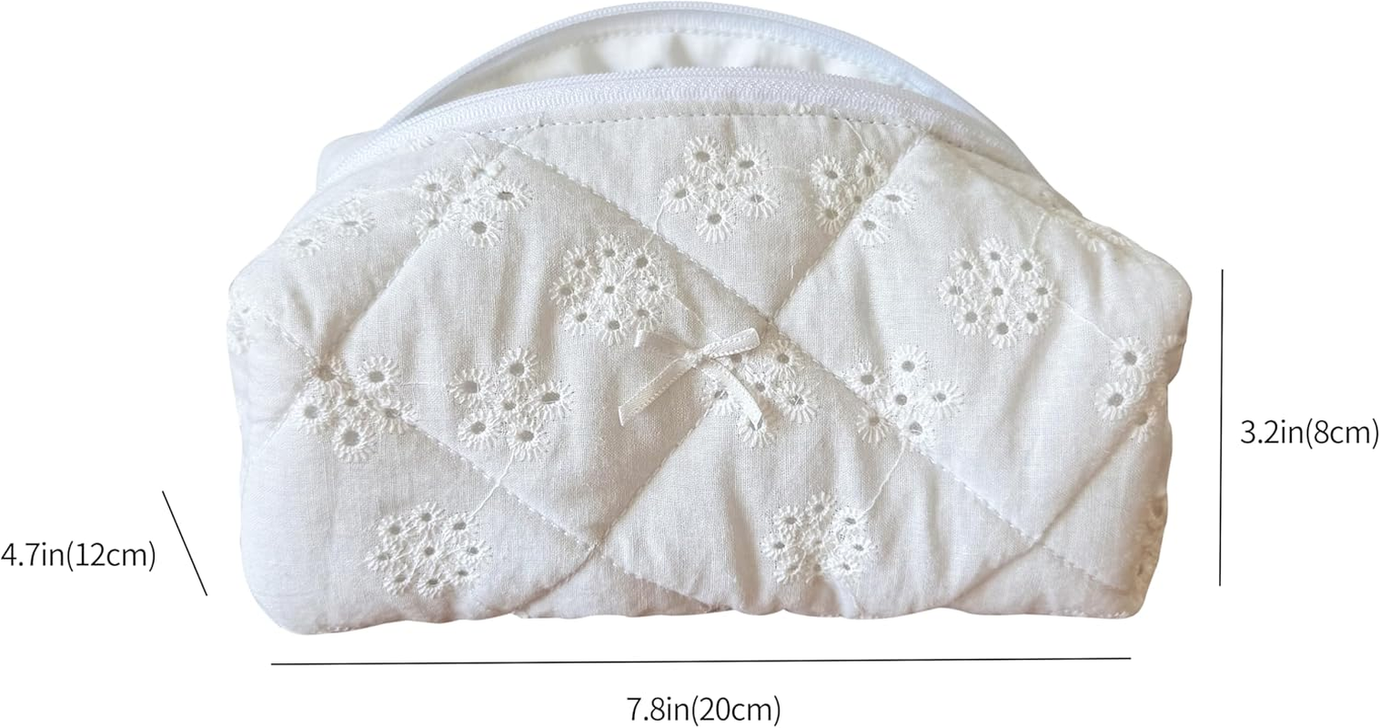 ZUNUONUO Handmade Quilted Cotton Makeup Bag for Women - Cute Cosmetic Pouch, Travel Toiletry & Make up Organizer, Coquette Aesthetic Skincare Bag, Travel Essentials, Embroidery White, Coquette image number 5