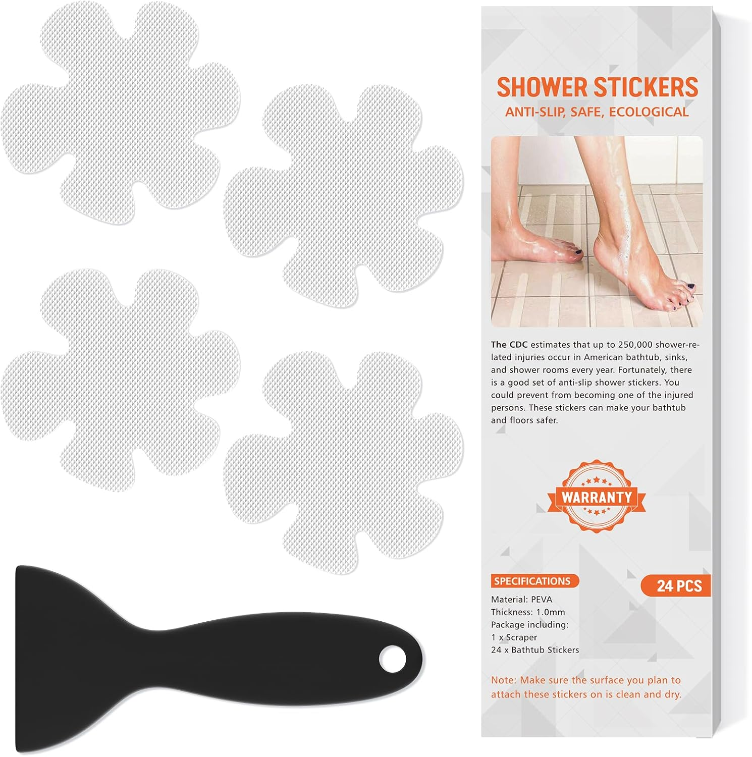 Non Slip Bathtub Stickers, 24 PCS Shower Stickers for Safety Bathroom Tubs, Bathtub Non Slip Stickers and Adhesive Decals Scraper for Bath Tub, Shower Floor, Stairs, Ladders(Flower Shape, Clear)