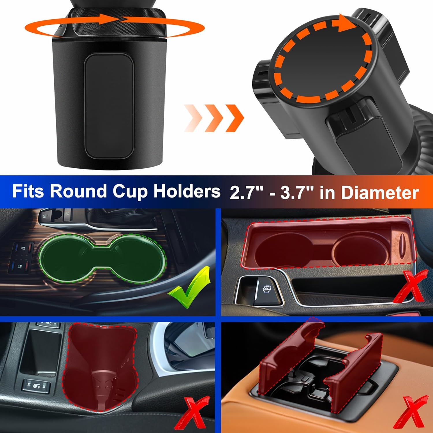 Car Cup Holder Expander, Adjustable Cup Holder Expander for Car with Non-Slip Coaster, Large Cup Holder Extender Adapter with Base Expandable Insert, Fits Less than 5" Bottles & Foods image number 6
