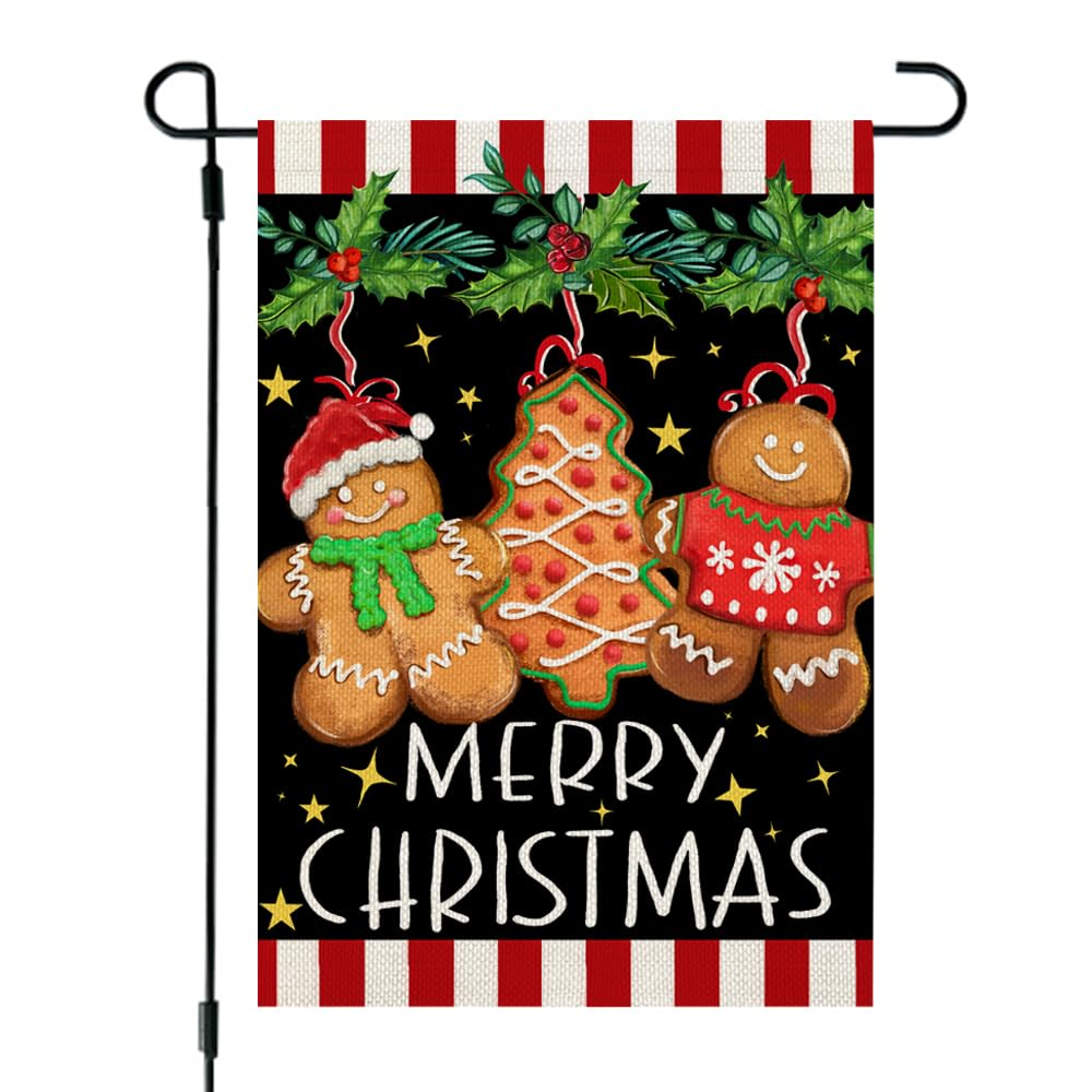 CROWNED BEAUTY Merry Christmas Garden Flag 12X18 Inch Double Sided Small Burlap Holiday Gingerbread Man Flag for outside Yard CF1642-12 image number 3